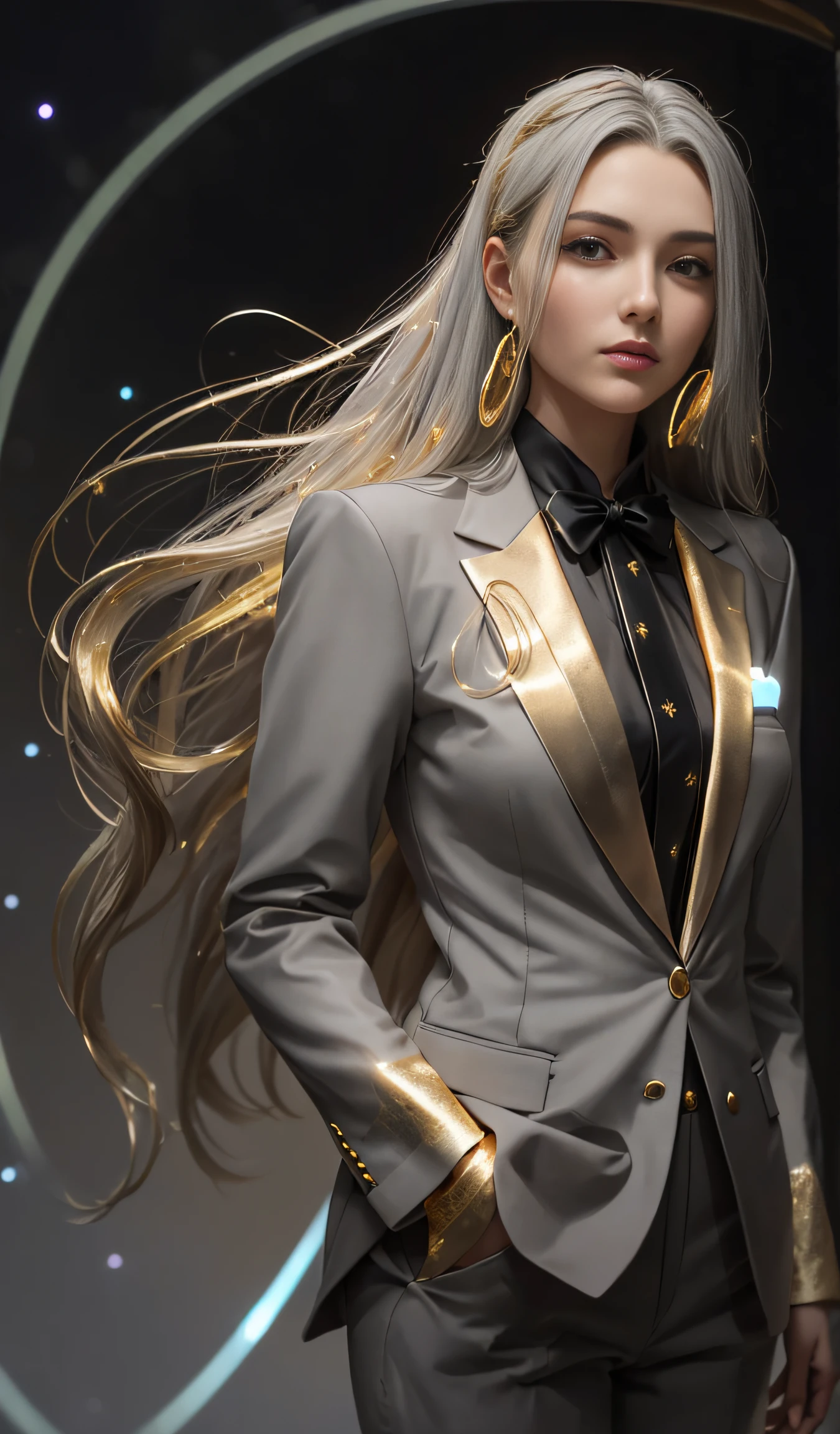 (masterpiece, highest quality, perfect details:1.4), solo, half body, fashion portrait, (girl in suit:1.6, gray suit, beautiful face, long hair, gold hair:0.8, black tie, hair luminescence:2.0), (realistic hair:1.2), very intricate, (light diffusion:1.2), (dynamic posing:1.2), (light bokeh, sunset:0.9, soft smoke, snow screen tones:0.8)