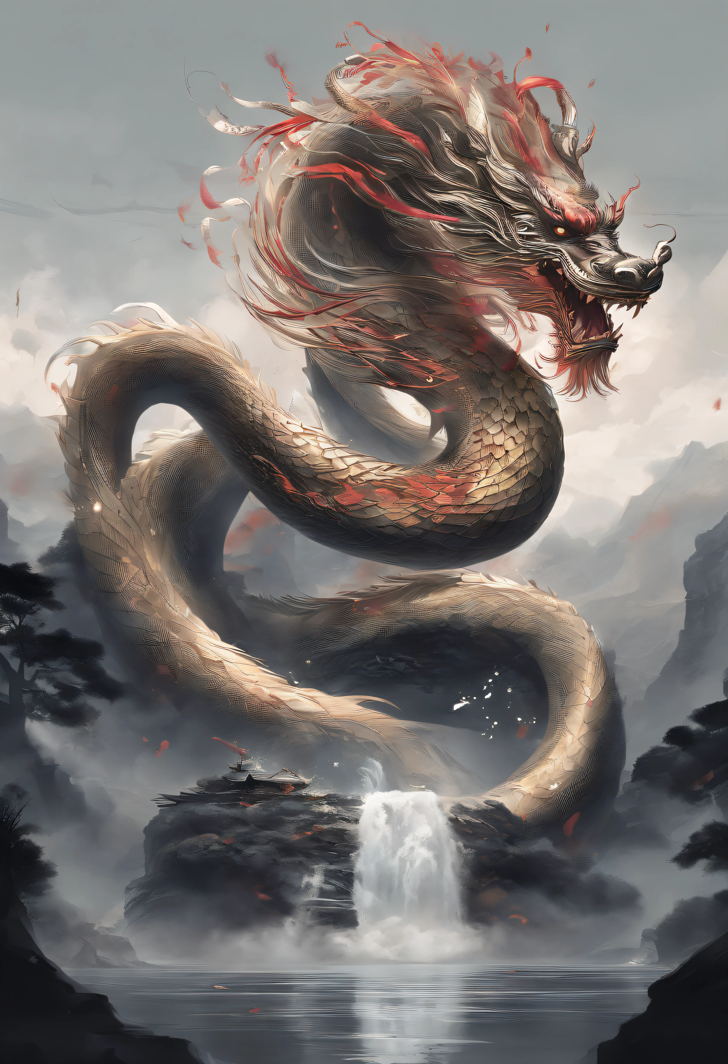 Xuanwu(the body of the,The head of the Chinese dragon,The long tail of the snake),tosen,Huge waves,China-style,oc rendered,super-fine,high qulity,8K high resolution,ultra - detailed