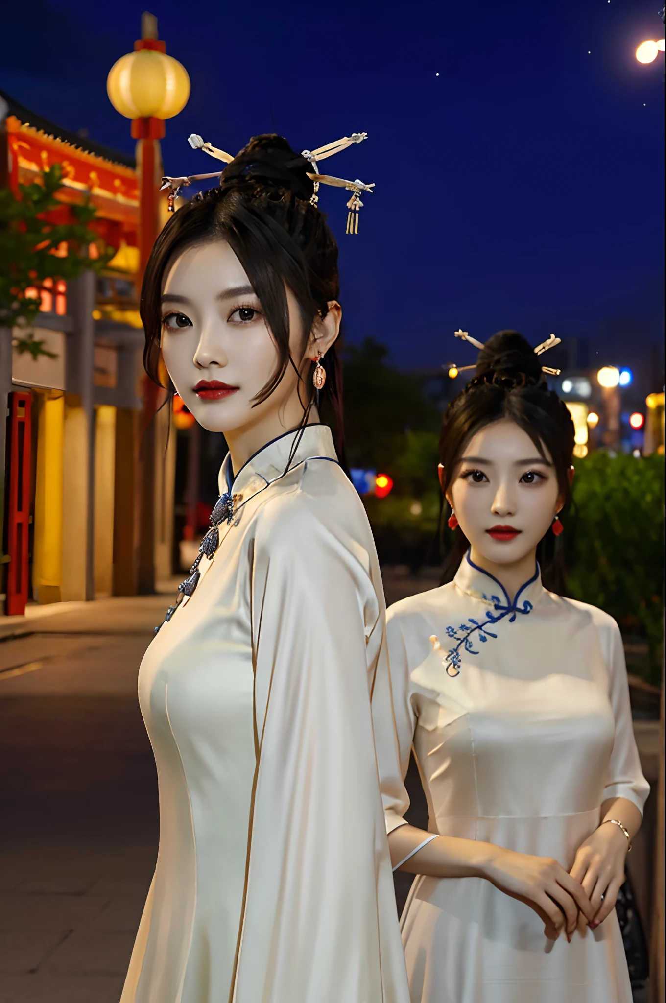 masterpiece,best quality,(Night:1.7),portrait,CityView,(outdoors:1.3),city lights,skyscraper,street,close up,
2girls,duo,leering:1.4,jewelry,earrings,necklace,Standing at attention,beautiful face,victory pose,black hair,hairbun,topknot,Chinese hair ornament:1.4,Chinese hairpsticks:1.4,Chinese hairpins:1.4,
 white cheongsam, chinese cheongsam,