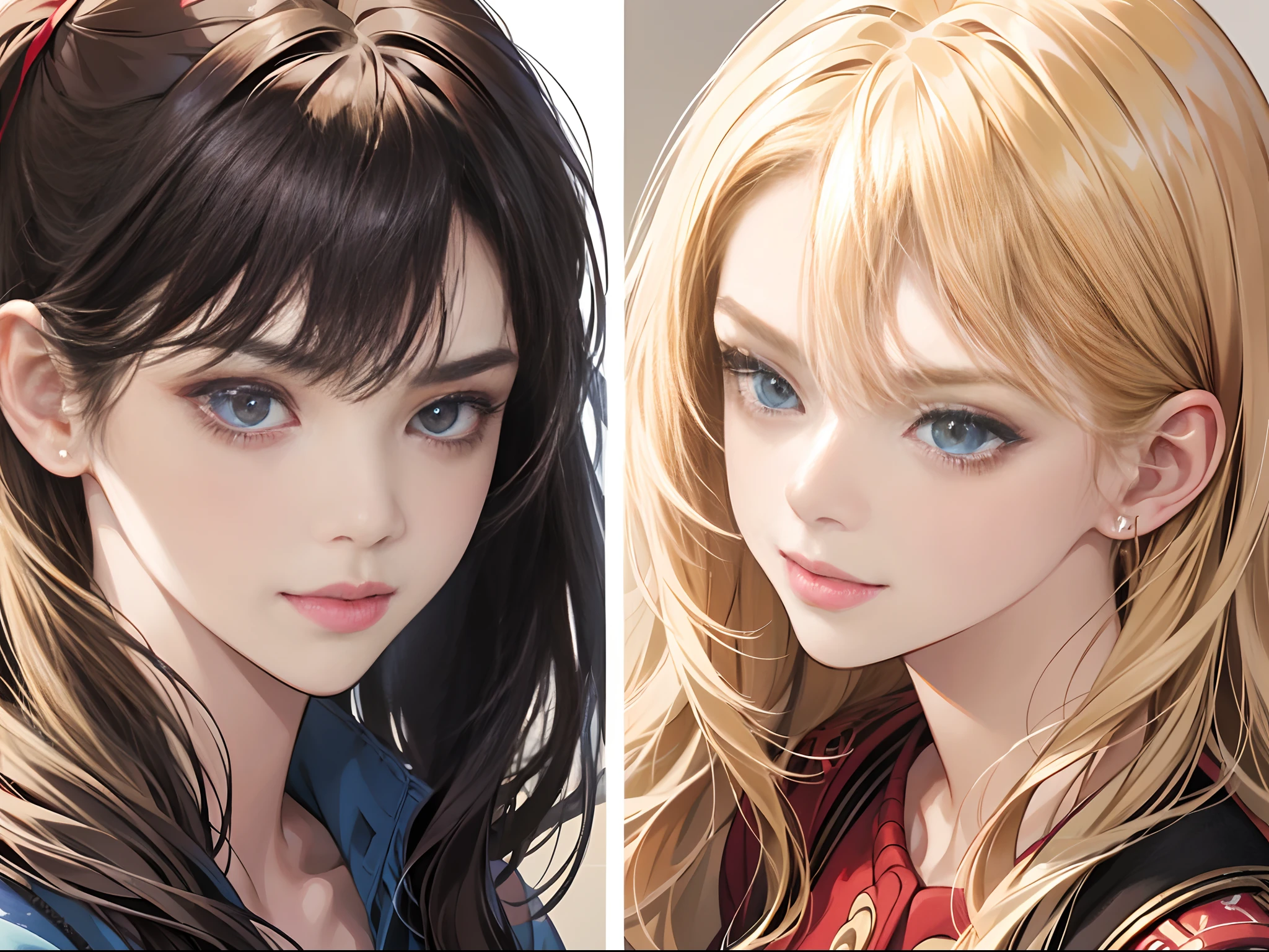 (Best Quality,4K,High resolution),2 girls in(18yo woman, Long hair, Straight hair,Woman glaring with sharp eyes with red-black highlight hair,Smiling woman with blonde hair and petite body,),,Details of delicate illustrations,Realistic portrayal,Vibrant colors,expresive,Classic background(Best Quality,4K,High resolution),Face to face and glaring at each other,comic strip,animesque,Comical expression,busy,Deformed cute illustration