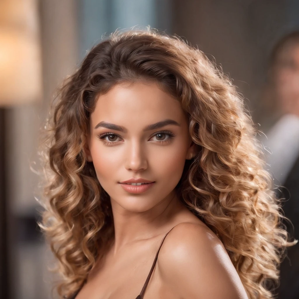 23-year-old woman with tanned skin and sexy dress, (seductive look and voluminous curly hair and happy expression in sensual pose), cocktail party background, full entire body, Perfect skin and tan, Perfect skin and tan, Low shading, Delicate face, Golden skin( Realist, Vibrant, Sensual, Focal point, Sharp) (Leather), Blonde curls, Sexy, detailed skin.