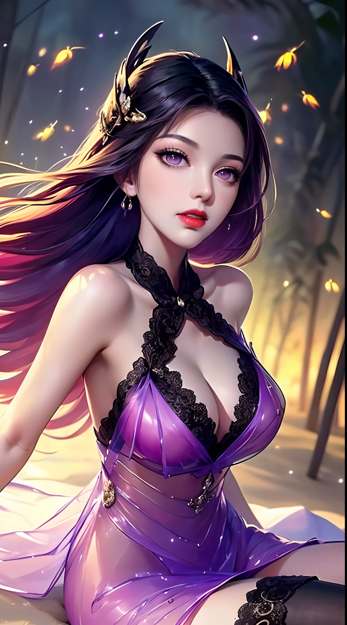 1 beautiful and sexy 20 year old girl, ((Wearing a super invisible red nightgown looks extremely sexy:2)), ((Ultra thin transparent nightgown:2)), ((long purple hair:1.6)), jewelry elaborately made from precious stones and beautiful hair, ((A thin red silk scarf covers half of the face:1.5)), (((wearing a thin light purple silk mask:1.5))), the noble, noble style of an extremely beautiful girl, her small face is super cute, her face is very pretty, thin eyebrows, flawless beautiful face, ((black eye pupils: 0.8)), very beautiful eyes, ((purple eyes: 1.6)), (((big round eyes:1.6))), nice makeup and hair detailed eyelashes, steamy eye makeup, high nose, earrings, red lips, ((closed mouth: 1.5)) beautiful lips, slim hands, most beautiful thighs, ((arms spread out to the sides: 1.5)), rosy face, flawless beautiful face, smooth white skin, (big breasts: 1.5)), ((high breasts: 1.6)), tight breasts, beautiful cleavage, (((big breasts and super round: 1.8))), ((super tight breasts: 1.7)) , beautiful breasts, perfect body, back arms, chest out, ((thin black mesh stockings with black lace trim:1.5)), ((sitting position with chest up and arms behind: 1.6)), ((open your legs:1.2)), don't be shy, 8k photo, super high quality, super realistic, super 10x pixels, optical, bright studio, bright edges, dual-tone lighting, (high-detail skin:1.2), super 8k, soft lighting, high quality, volumetric lighting, photorealistic, photorealistic high resolution, lighting, best photo, 4k, 8k quality, blur effect, smooth sharp, 10 x pixel, ((Beach at night and fireflies background:1.5)), aurora, lightning, super graphics realistic, most realistic graphics, 1 girl, alone, solo, Extremely sharp image, surreal, (((frontal portrait: 1.5)))."