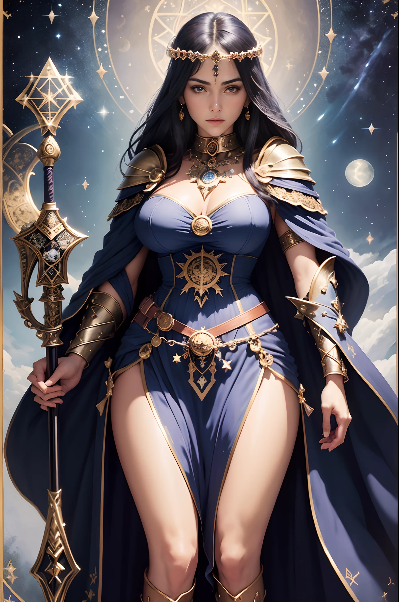 (The highest image quality),(very detailed descriptions),1 mature female,Big sword,Female warrior standing in a beautiful meadow,Scepter in hand,(full body Esbian),(Very perfect body structure),(Highly detailed and perfect face depiction),(Highly detailed details of the face),Blue Starry Sky,(Very large moon close-up),Moonlight shines through the clouds,As estrelas(glitters),garments(bling bling), (The image is surrounded by a tarot card style border:1.5),(tmasterpiece),(Great results),(8k wallpaper),(best pictures),myth,Fantasy Theme,Ultra-realistic realism,realisticlying