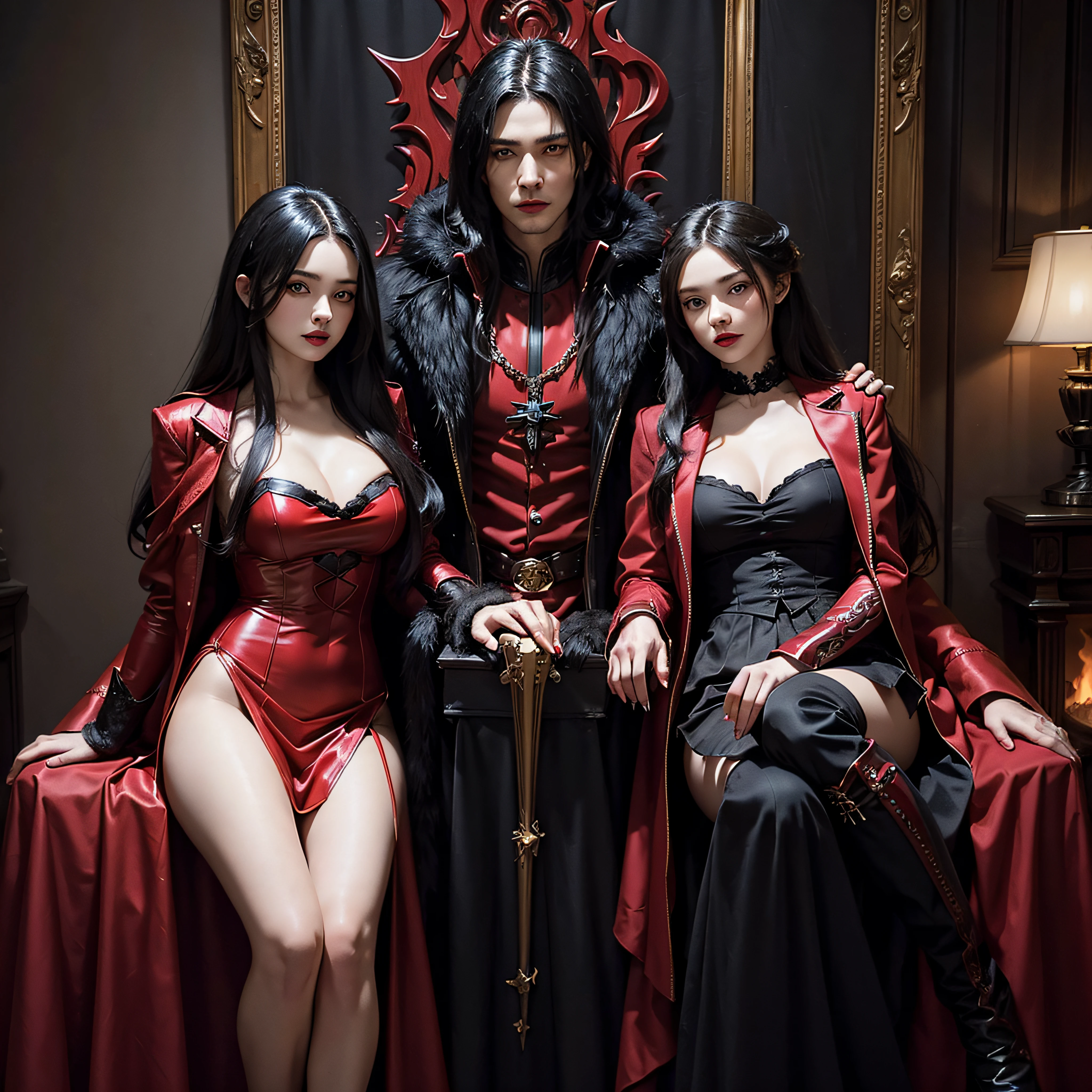 concept art of grimm fairy tales, young attractive girl wearing a red overcoat with red hood, black hair, scarlet eyes, red lipstick, sitting on a black victorian age throne adorned in gold, accompanied by two black wolves, one on his left and one on his right