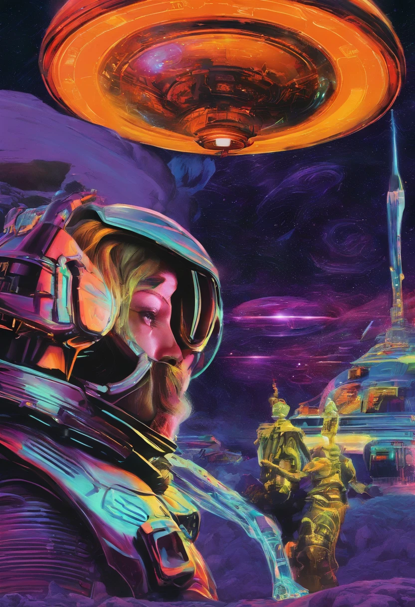 There is a painting of a woman wearing a helmet, Stephen Hickman, synthwave art style ]!!, cinemascope panorama, atom punck, Epic glowing images, Groundbreaking aesthetics, Spell jammer, Futuristic France, Juan Gimenez, trending on artstration, author：Julian Allen, 7 0 seconds palette, Maximalism. Stunning, from a 2 0 1 9 sci fi 8 k movie