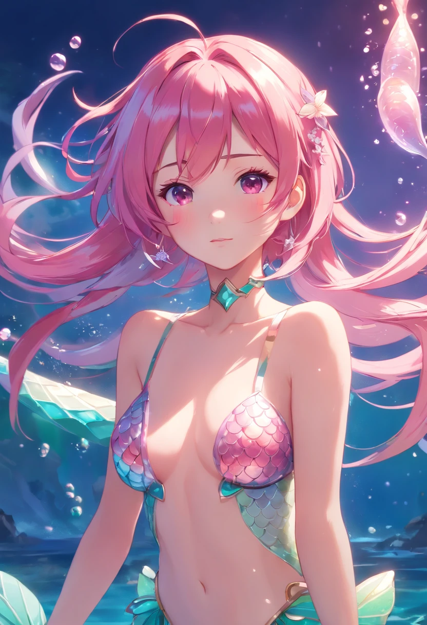 ACG 3D rendering,Pink hair, estrus, mermaid, exposed, Dreamy, Intricate details, 8k embellishment tiara,Pop on the art stage Imperial Sisters,Nuded and wearing nothing