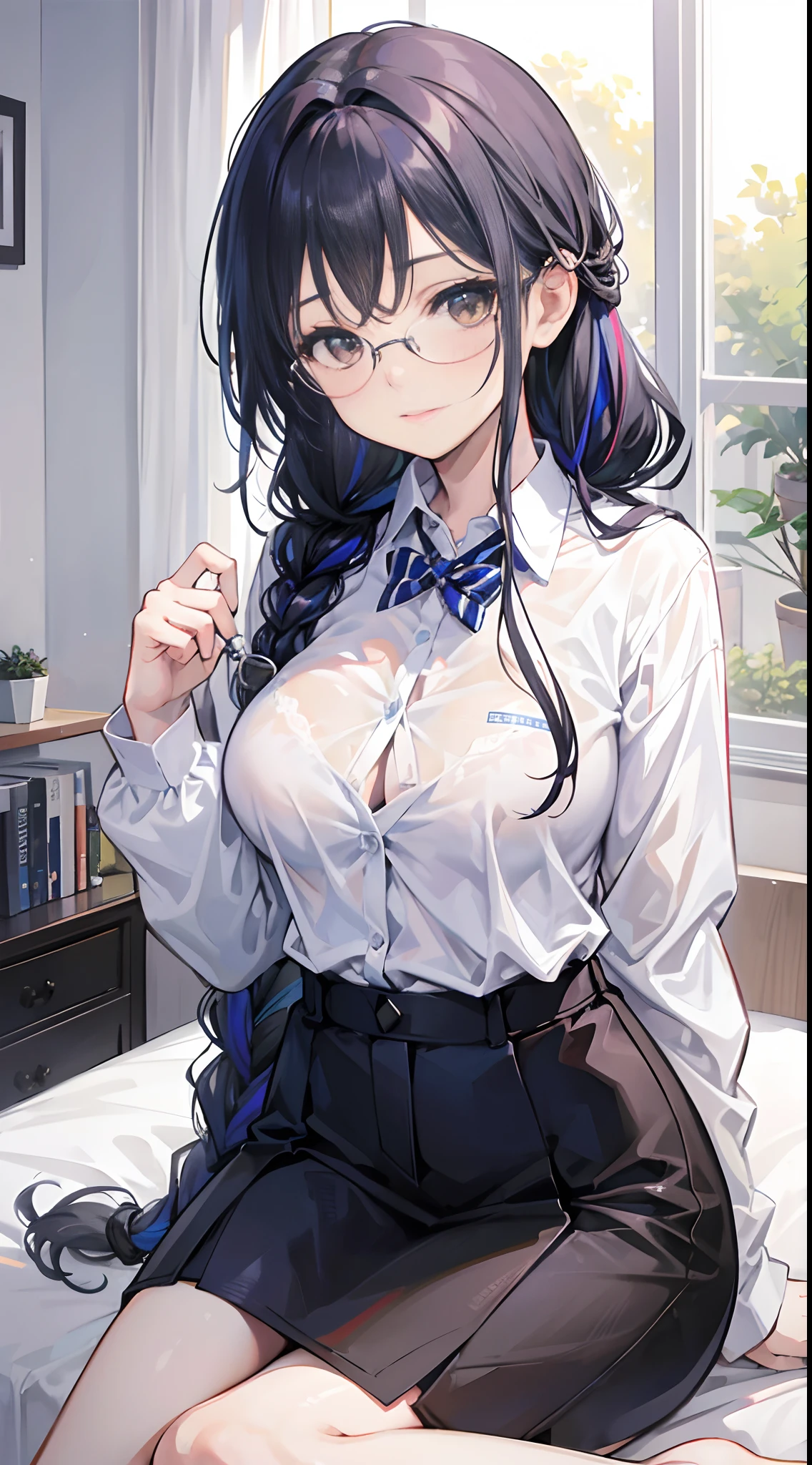 18-year-old girl with silver hair, blue highlights., Brown eyes, Big breasts. long-haired,Braid left and right, Wear glasses, Wear a white long-sleeved shirt......button up. Black miniskirt, sitting on the bed,....With a slightly smiling face......