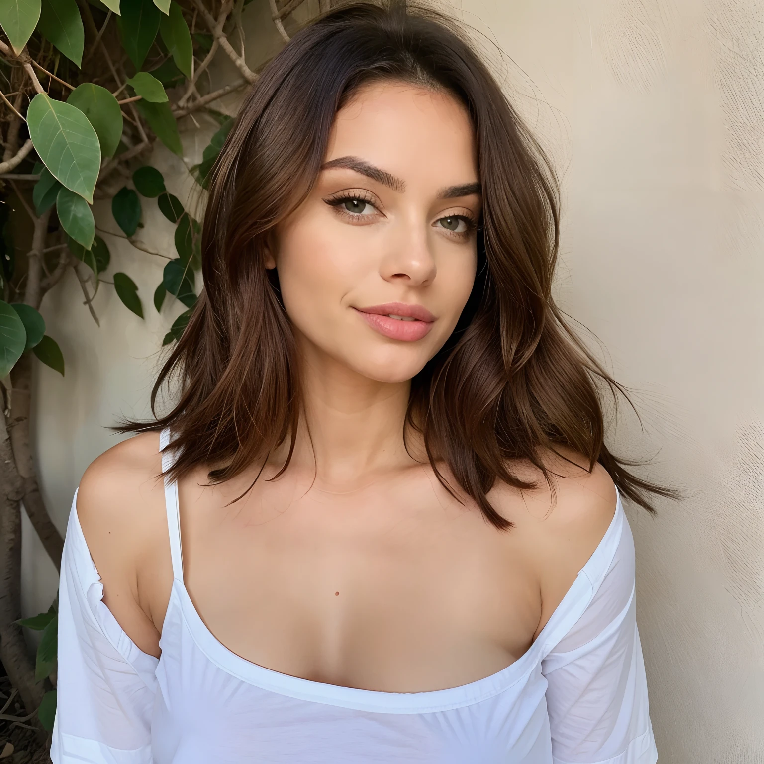 1 mulher, Cabelos longos e ondulados, olhos castanhos escuros, seios muito grandes, Seios 40b, com blusa branca, biting lips, sensual
