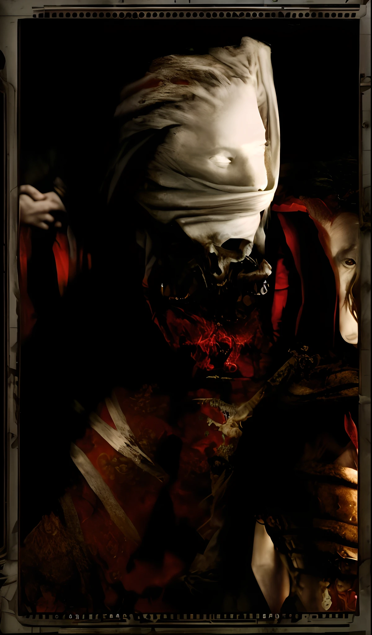 masterpiece, detailed, high quality, portrait of woman with vual, portrait of a banshee, stefan gesell, ghost face, nightmare, mummy portrait, dark brotherhood, michael hussar, horror, skeksis, sinister portrait, sotn, jump scare, wearing cultist red robe, horror photo,