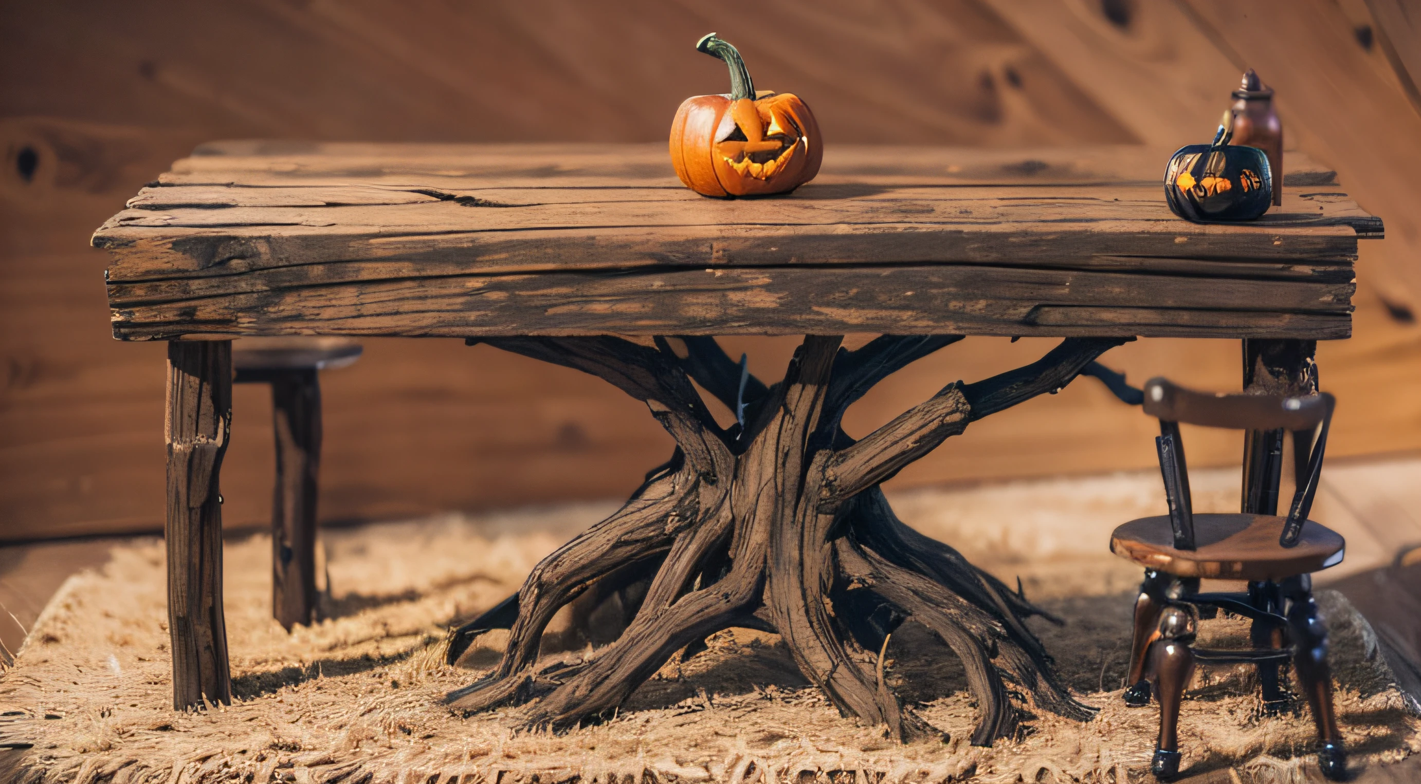 mesa madera vieja, noche, escenario estilo halloween, wall cobwebs, decorado halloween, realista