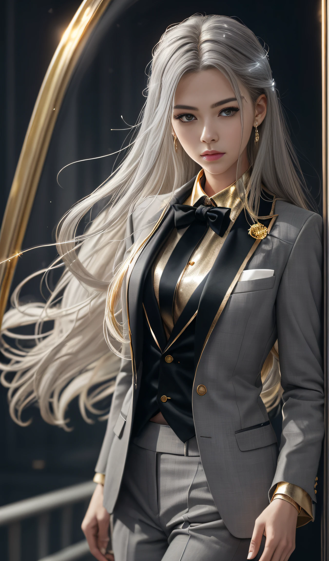 (masterpiece, highest quality, perfect details:1.4), solo, half body, fashion portrait, (girl in suit:1.6, gray suit, beautiful face, long hair, gold hair:0.8, black tie, hair luminescence:2.0), (realistic hair:1.2), very intricate, (light diffusion:1.2), (dynamic posing:1.2), (light bokeh, sunset:0.9, soft smoke, snow screen tones:0.8)
