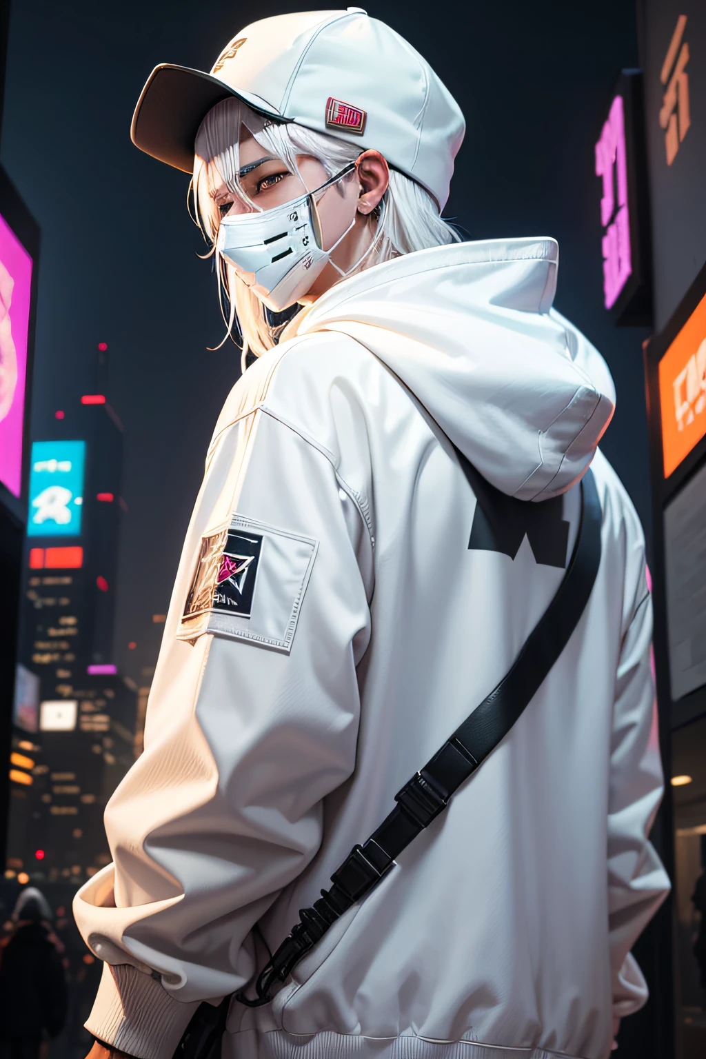 There is a man wearing a ghost mask and a white hoodie,With a starw hat in his back, Hyper-realistic cyberpunk style,Digital cyberpunk anime style, white color, white hair