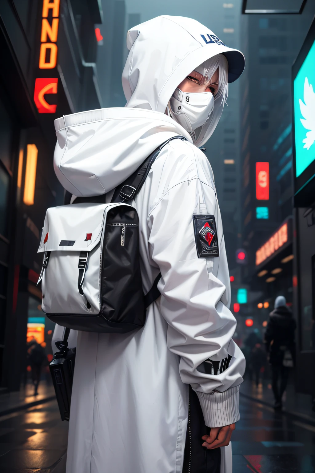 There is a man wearing a ghost mask and a white hoodie，With a starw hat in his back, Hyper-realistic cyberpunk style，Digital cyberpunk anime style, white color, white hair