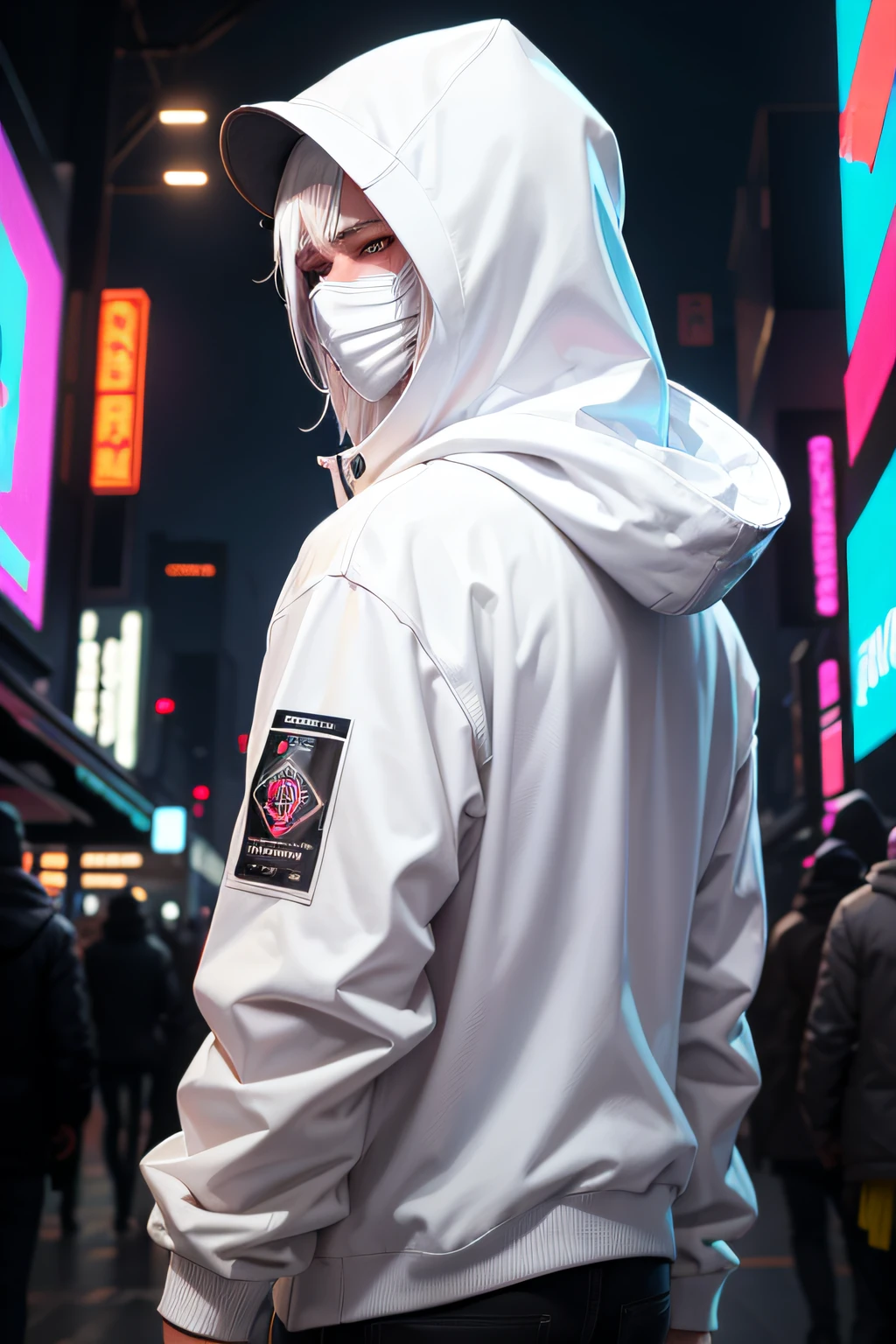 There is a man wearing a ghost mask and a white hoodie,With a starw hat in his back, Hyper-realistic cyberpunk style,Digital cyberpunk anime style, white color, white hair