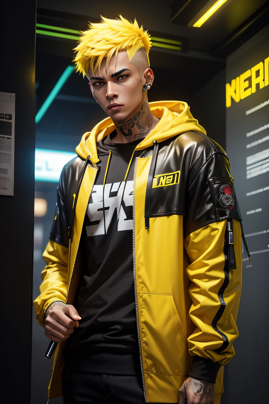 There is a man wearing a yellow hoodie,With a knife in his hand, Hyper-realistic cyberpunk style,Digital cyberpunk anime style, yellow color, yellow hair