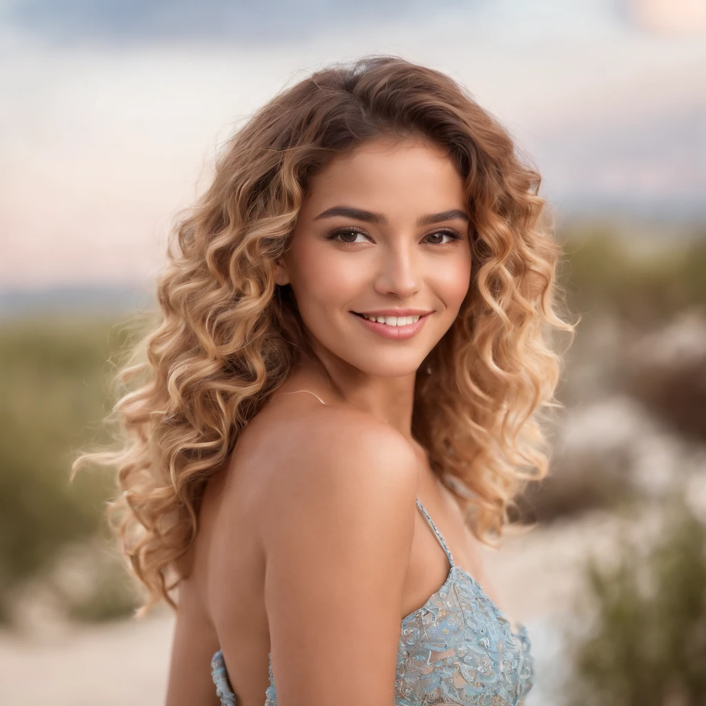 23-year-old woman with tanned skin and sexy dress, (seductive look and voluminous curly hair and happy expression in sensual pose), summer background, full entire body, Perfect skin and tan, Low shading, Delicate face, Golden skin( Realist, Vibrant, Sensual, Focal point, Sharp), Blonde curls, Sexy, detailed skin, realistic skin texture, charming smile