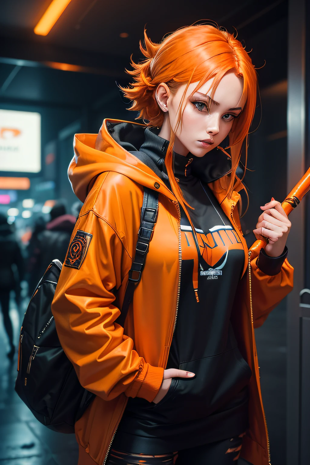 There is a woman wearing a orange hoodie，With a staff in her hand, Hyper-realistic cyberpunk style，Digital cyberpunk anime style, orange color, orange hair