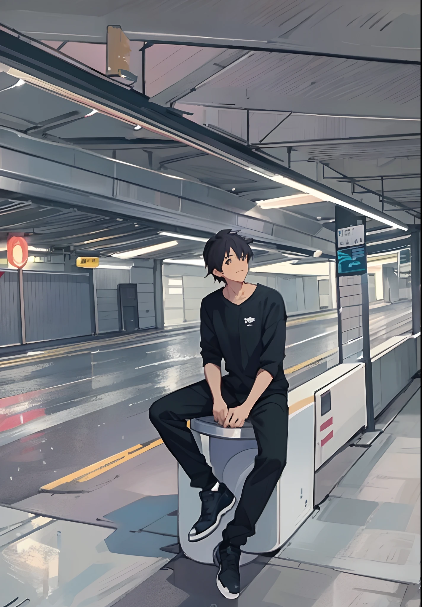 there is a boy sitting on a box at a train station, tokyo anime scene, train station background, style of makoto shinkai, makoto shinkai style, anime background art, 4 k manga wallpaper, in a subway, in style of makoto shinkai, makoto shinkai. —h 2160, digital anime illustration, modern anime style