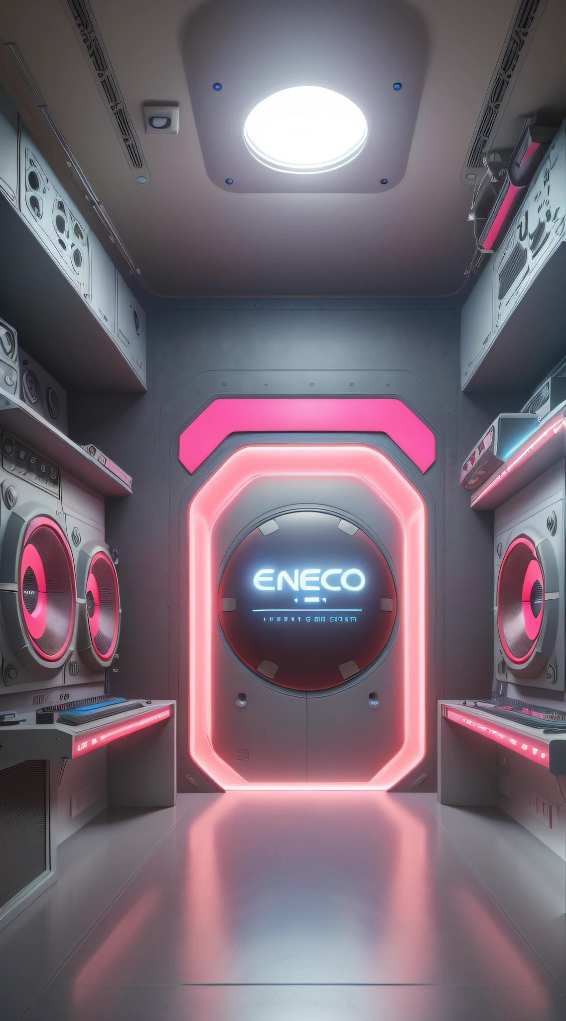(Future Theme Studio backstage, Mimicking the interior of a spaceship) inside ((backrooms)),A futuristic recording studio that mimics the interior of a spaceship, With floating camera, Minimalist background with LED display, Clear environment, predominant white color,Nice blue lights with neo-punk details，Tech Style