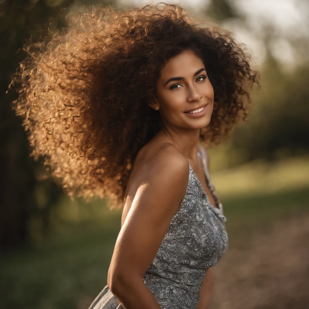 23-year-old woman with tanned skin and sexy dress, (Seductive look and voluminous curly hair and happy expression in a sensual pose), Contexte estival, corps entier entier, Peau et bronzage parfaits, Ombrage faible, delicate face, golden skin( Realstic, Dynamique, Sensuel, Point focal, tranchant), boucles blondes, sexy, detailed skin, realistic skin texture, sourire charmant