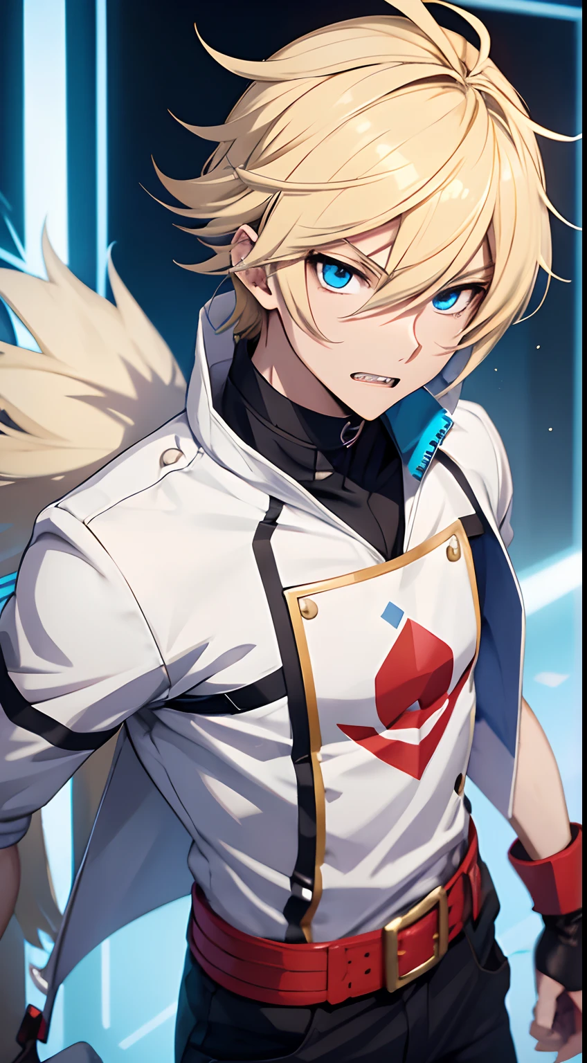 anime guy,wearing white bandit clothes, blond hair, blue eyes, sharp teeth