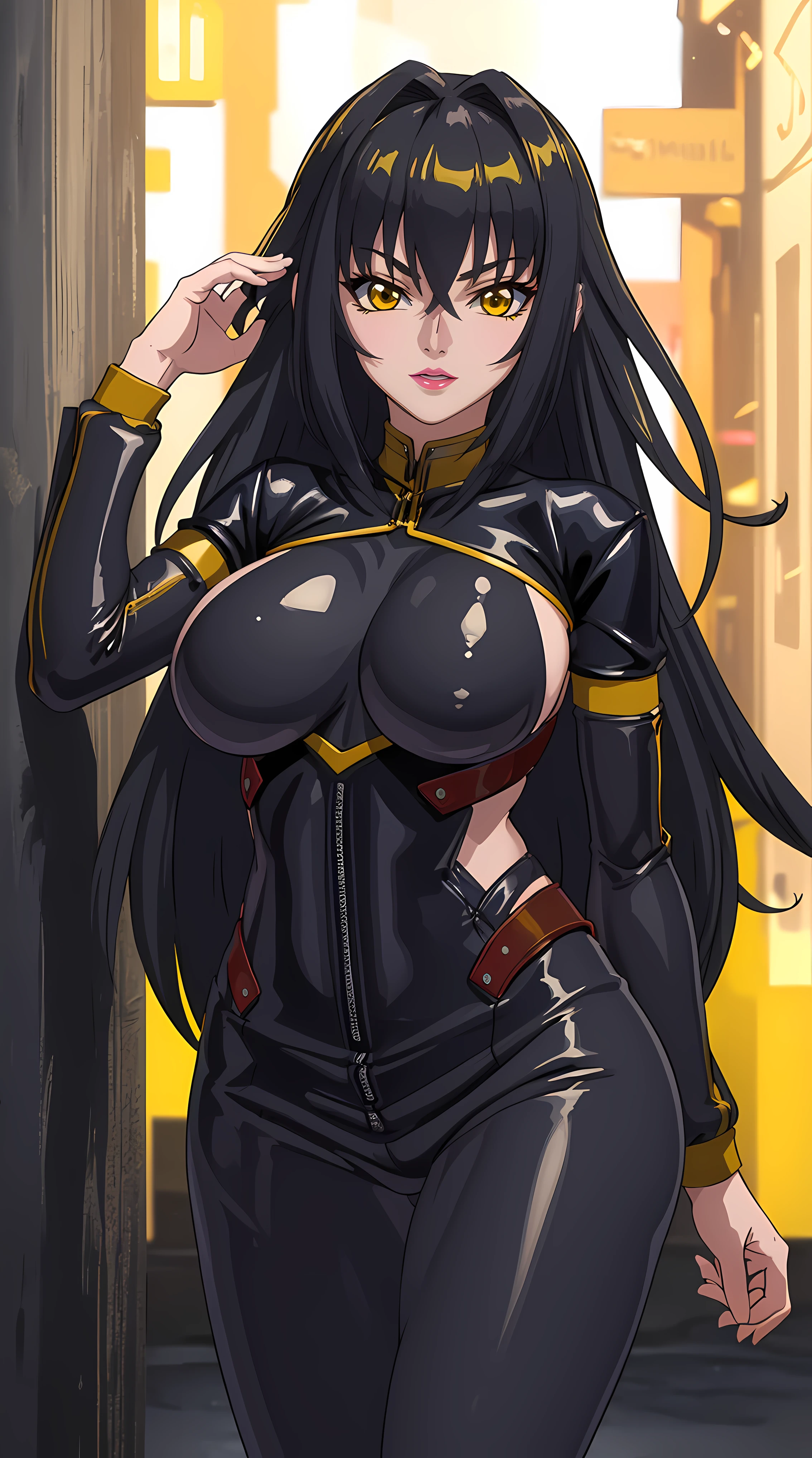 (masterpiece:1.4),(best quality:1.4, highres), beautiful face, beautiful eyes, 1girl, solo, female mature, black hair, long hair, (yellow eyes:1.4), large breasts, black latex suit, ((night vibe background)), hair intakes, exquisite eyes detail, exquisite face details, exquisite character design details 8k HDR, professional art, landscape, (solo:1.5, 1girl:1.4, cowboy shot:1.5), milf, 35 years old girl, (looking at viewer, smug, Lying against the wall, hand on head), Annerose