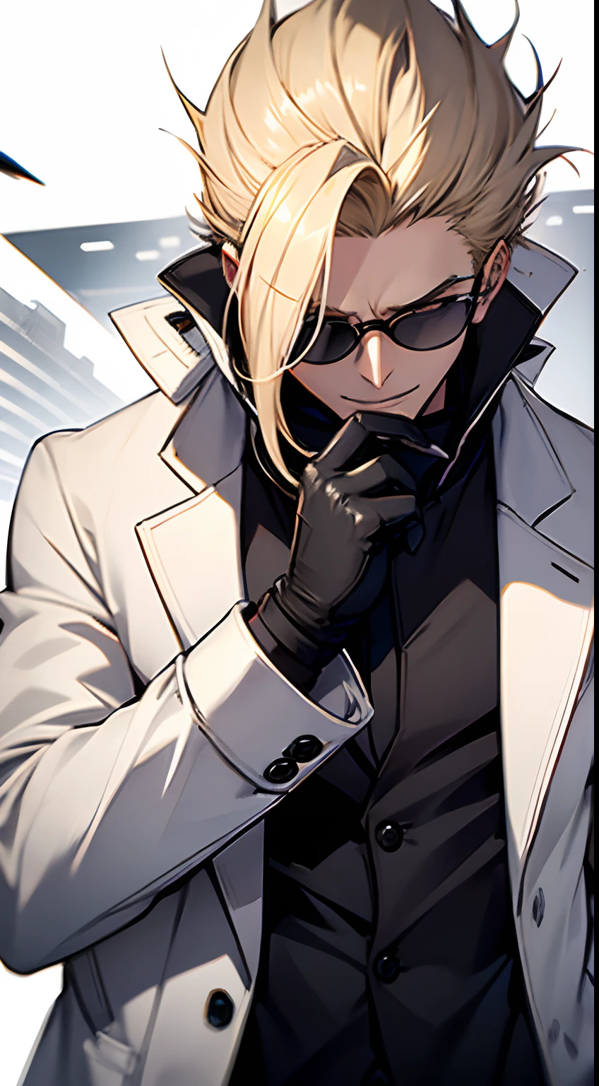 one man, sharp teeths,wearing a white fluffy overcoat, blond hairs, black gloves, black shades, sharp teeths