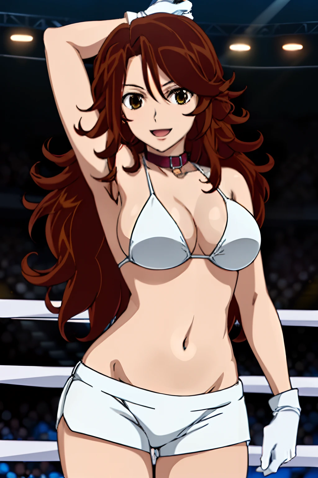 cowboy shot, body view, anime style: 1.8, anime drawing, ultra detailed face, ultra detailed body, 4k, Sumergai Lee Noriega, (standing), best quality, anime style, hires, highest definition, digital blending, bold drawing lines, ((slim waist, female wrestler), (location: wrestling arena, crowds watching), ( slim body, athletic , little biceps, thighs, off-shoulders, (curvy: 2.8), lighting, spot lights, very shiny skin), ((white bikini, shorts, groin, , white gloves, collar)), victorious, winner, , (big breasts, smile), (big eyes, brown eyes), (clapping), (brown hair, loose hair, curly hair, wavy hair, long hair, missy hair), 27 years old, (dancing)