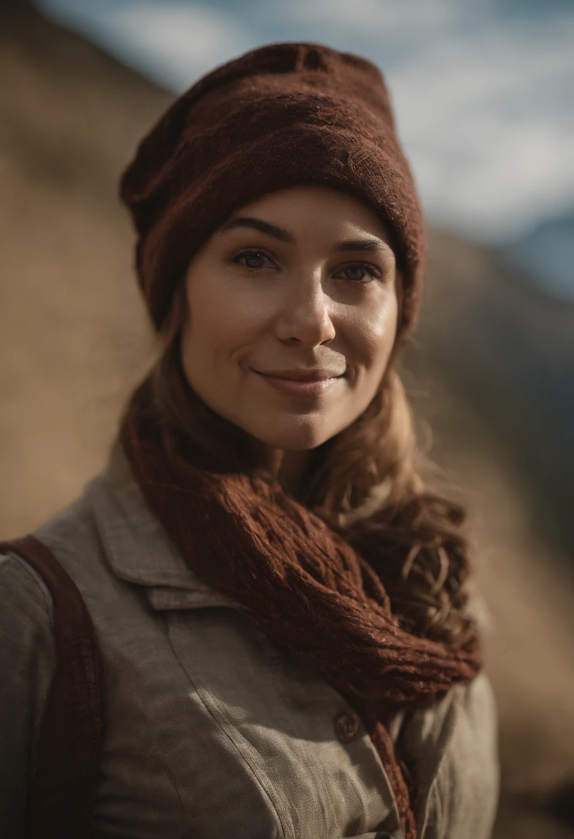 femele、35 year old、full body Esbian、Dark hair、poneyTail、smil、Blue jeans、Narrow-eyed、japanes、realisitic、Realistic、house wife、Summit of Mt、mountaineering、hiking、back lighting、the morning sun、Hats、rainy days