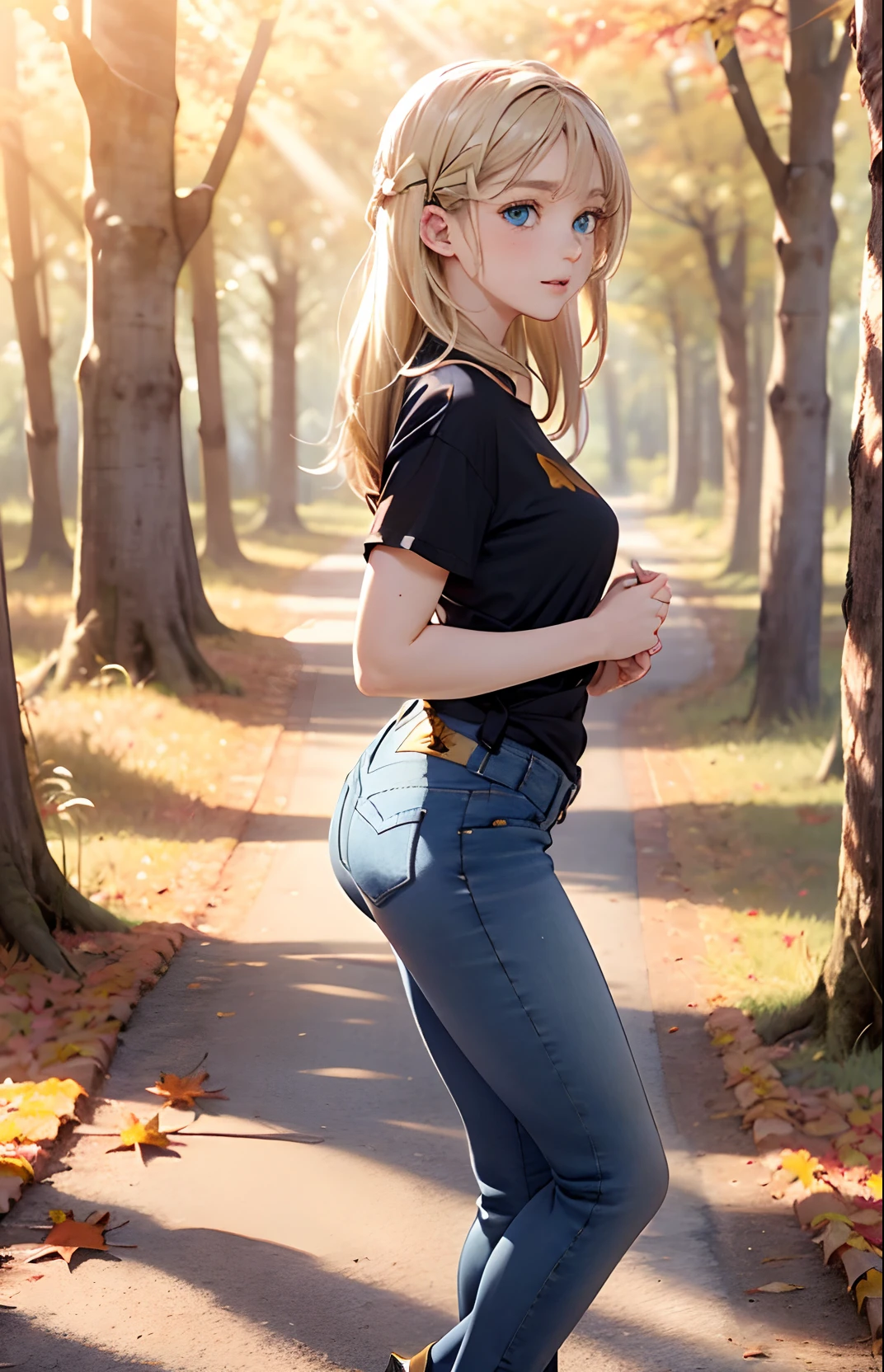 absurderes, ultra-detailliert,bright colour, 8K,masuter piece,(1girl in:1.4),(A forest with very beautiful autumn leaves:1.5),extremely beautiful detailed anime face and eyes,(happy smail:1.4), (Smooth straight blonde hair:1.3), (Shiny hair:1.3),(From Side:1.5), cliff, ​​clouds, the woods,Grassy,lake,lensflare,Tree Road, landscapes, Skysky, suns, Sun'rays, sunlights,The tree, Eau,(Tight jeans:1.3), (Black shirt:1.4),(Deep Blue Eyes:1.3),depth of fields,red blush,hair clips,(Dr.Martens:1.3),(full body:1.2)