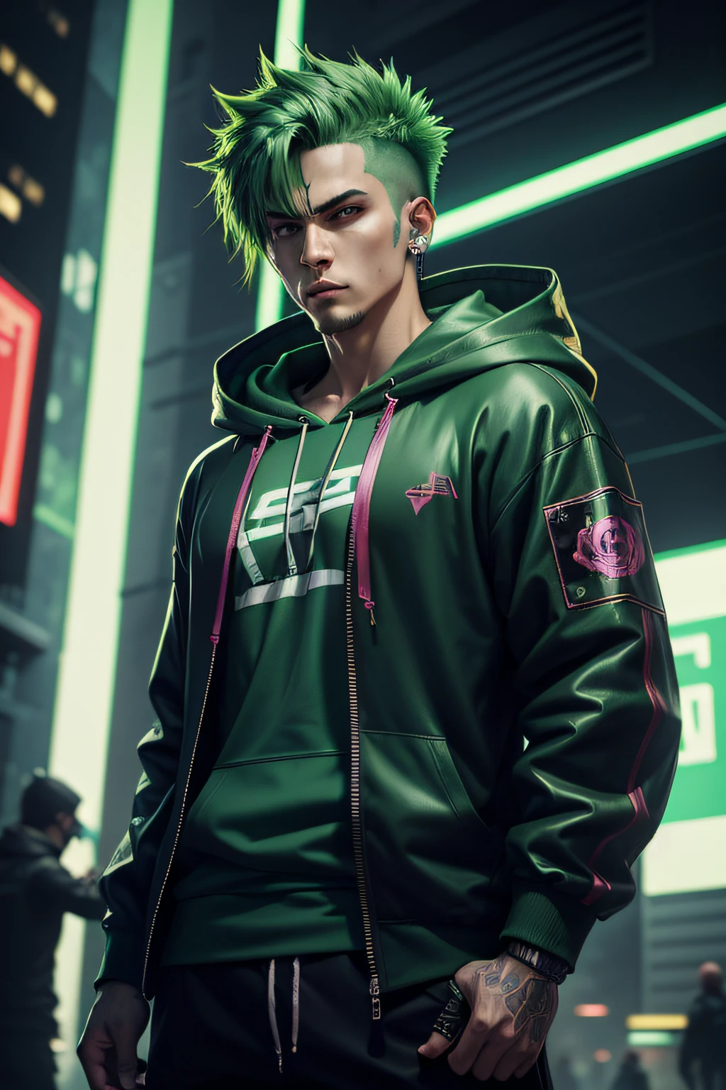 highest quality, 8K, high resolution image, anime style Jujutsu Kaisen, (Gilgamesh | Fate), detailed strokes, bored look, blurry, purple light reflecting from it, (close angle), 1 man, young, male, model, cooler Guy, multicolored background with different geometric shapes, around stickers, muscular, red eyes, dark blue hair, hairstyle, hairstyle: undercut, short hair, blue hair, puffy chest, he is wearing a cool shirt and black sweatpants, hand in pants pocket, golden link chain, background: room, recording studio,