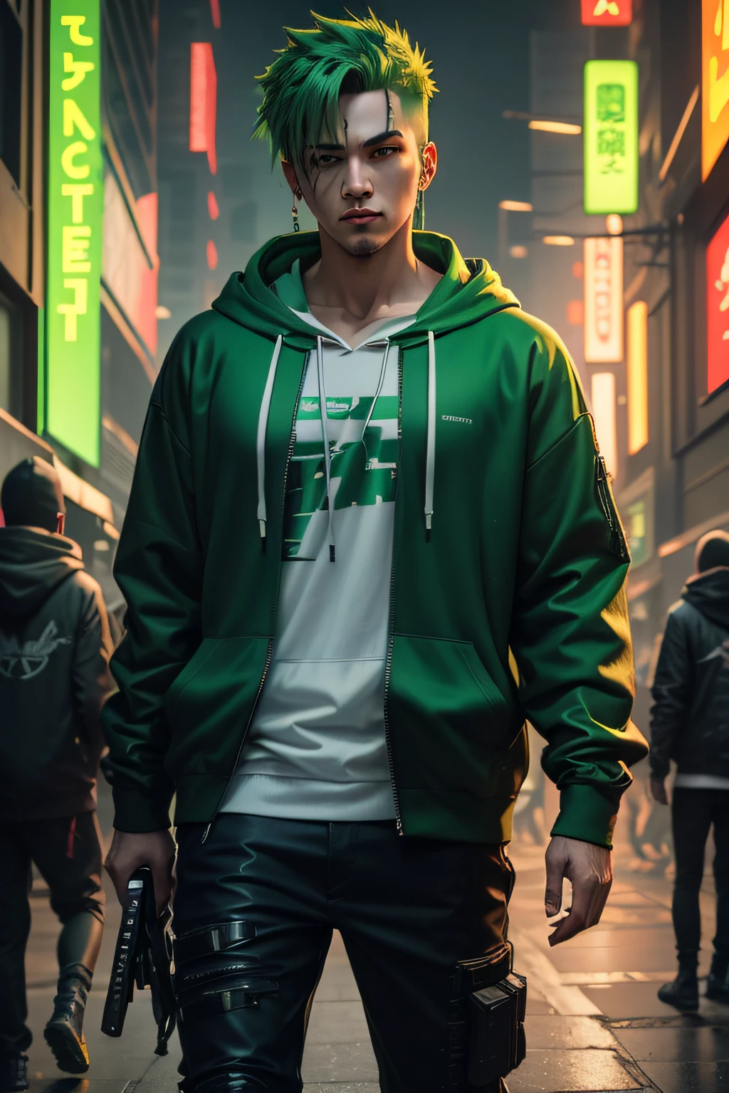 There is a man wearing a green hoodie，With a three katanas, Hyper-realistic cyberpunk style，Digital cyberpunk anime style, green color, green hair