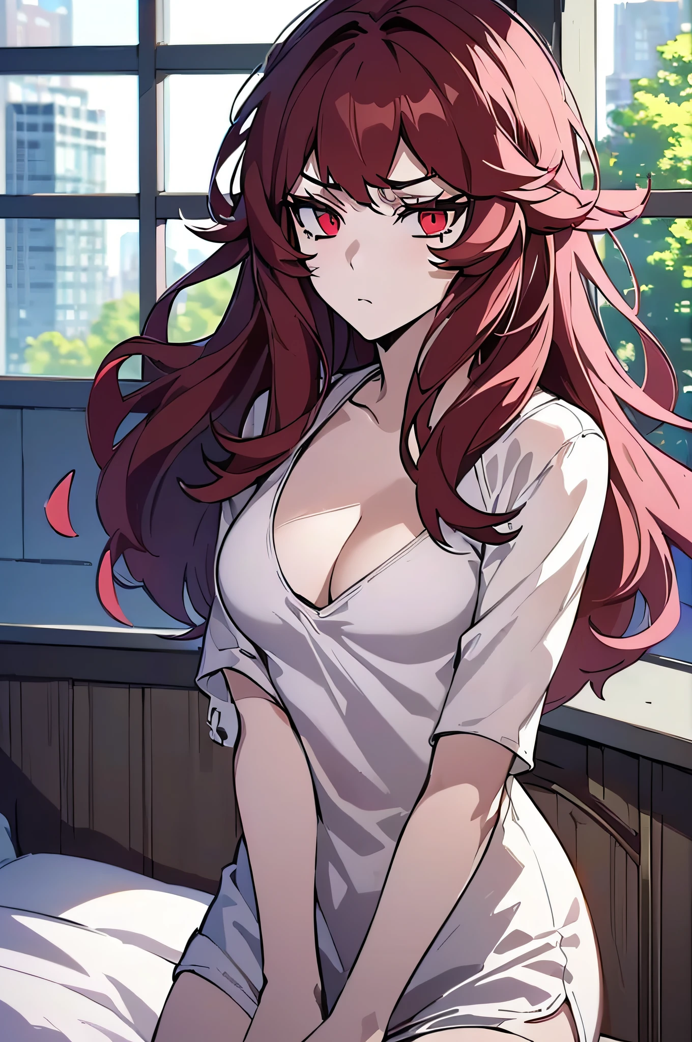 ((masterpiece)), ((ultra-detailed)), ((best quality)), ((intricate details)), ((chromatic aberration)), 1girl, long hair, shy, ((very small breasts)), makeup, black eyeliner, (expressionless, ), looking at viewer,red hair, red eyes, ((white tshirt, cleavage, bedroom, solo,cityscape,window, )),