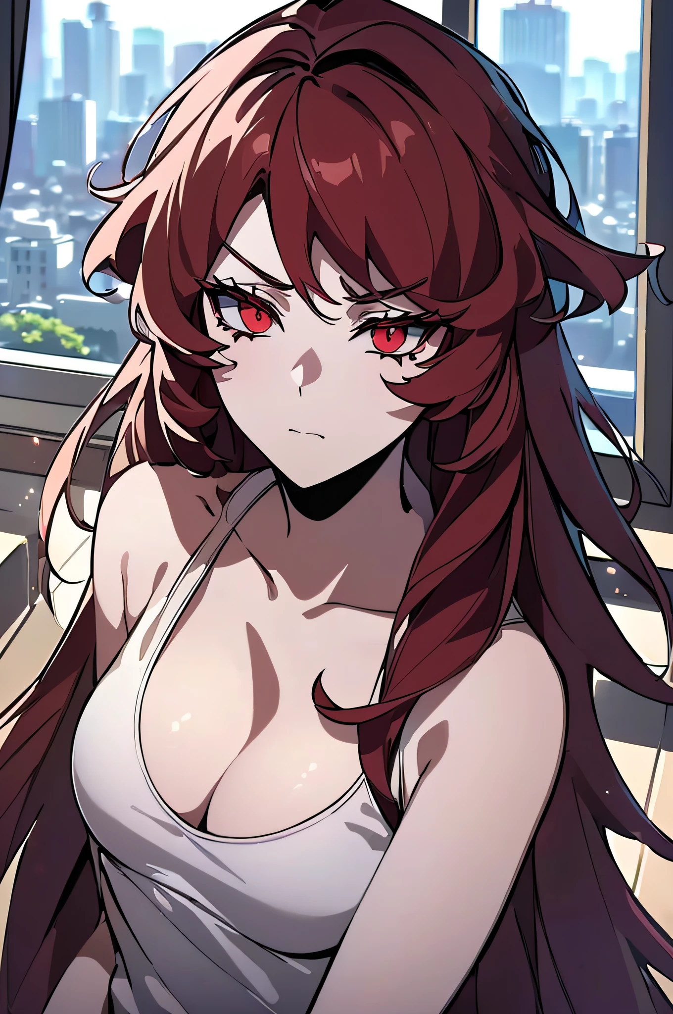 ((masterpiece)), ((ultra-detailed)), ((best quality)), ((intricate details)), ((chromatic aberration)), 1girl, long hair, shy, ((very small breasts)), makeup, black eyeliner, (expressionless, ), looking at viewer,red hair, red eyes, ((white tshirt, cleavage, bedroom, solo,cityscape,window, )),