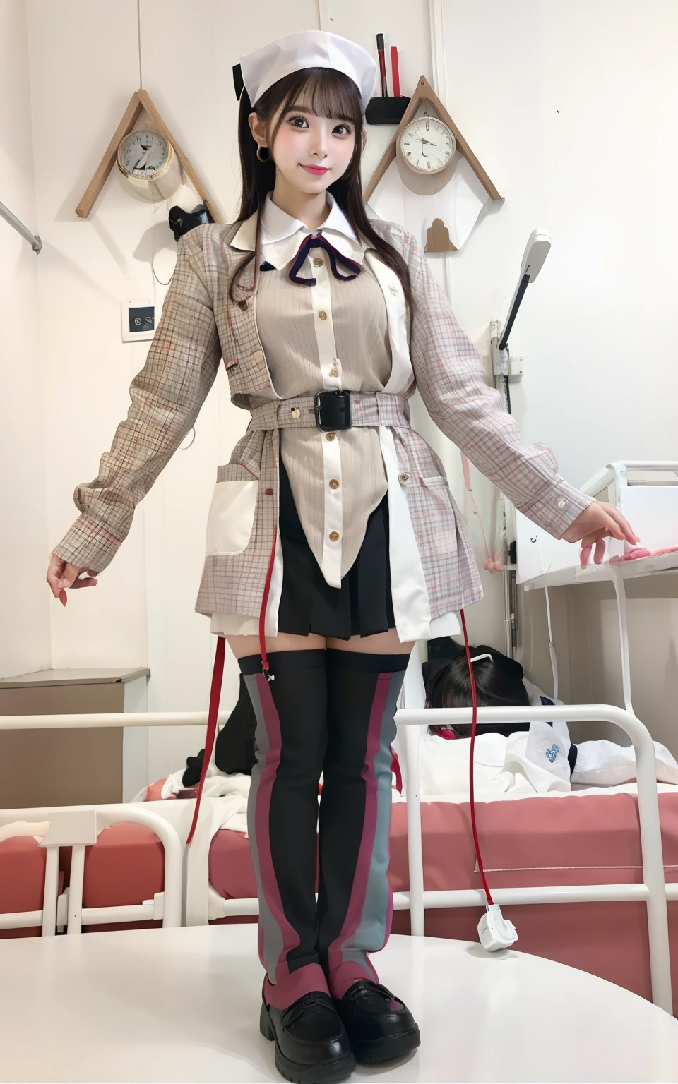 Colorful fashion idols、large full breasts、beautiful foot、Colorful hair、、Good Style、long white coat、Nurse Cap、Nurse style costume（a miniskirt）