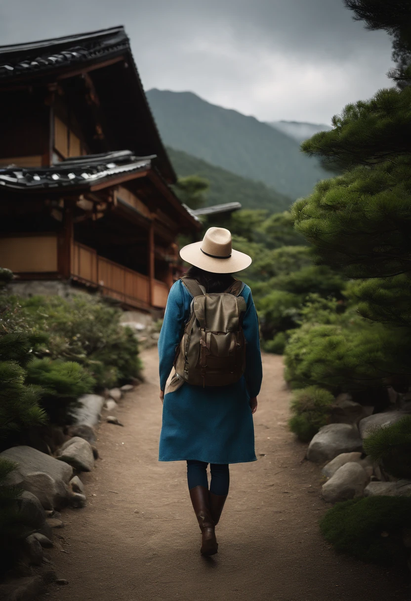 femele、35 year old、full body Esbian、Dark hair、poneyTail、smil、Blue jeans、Narrow-eyed、japanes、realisitic、Realistic、house wife、Summit of Mt、mountaineering、hiking、back lighting、the morning sun、Hats、rainy days
