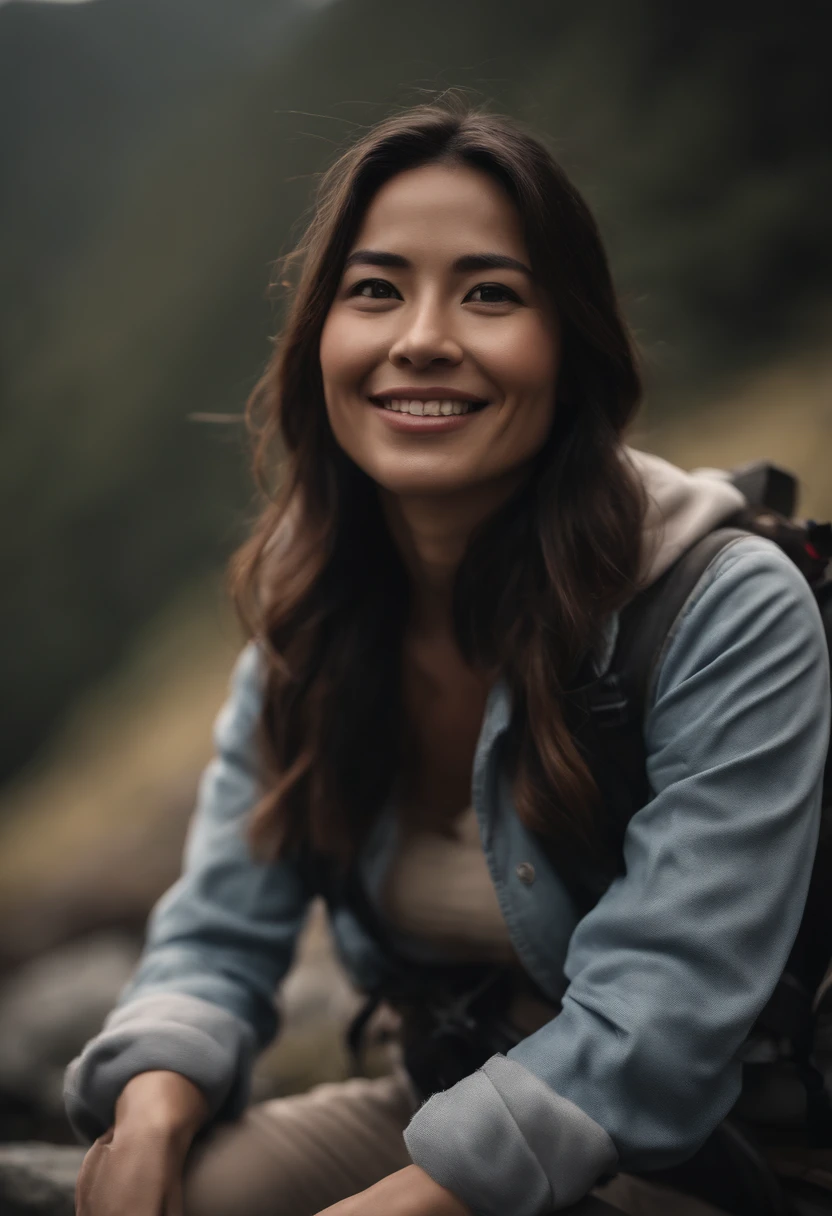 femele、35 year old、full body Esbian、Dark hair、poneyTail、smil、Blue jeans、Narrow-eyed、japanes、realisitic、Realistic、house wife、Summit of Mt、mountaineering、hiking、back lighting、the morning sun、Hats、rainy days