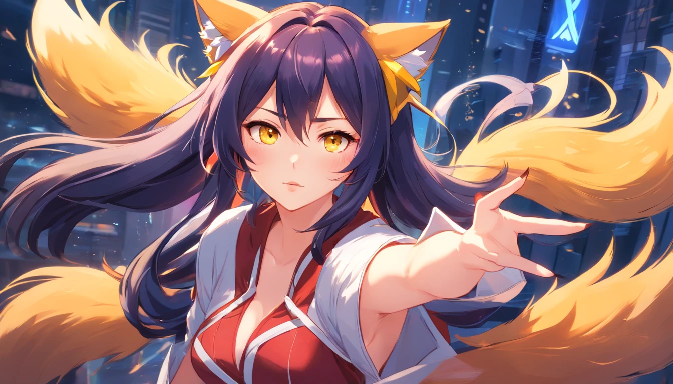 NSFW, Ahri from League of Legends, foxgirl, long dark hair, yellow eyes, fox ears, miko clothes, 9 tails, masterpiece, extremely detailed, original, high contrast, amazing, high quality, pointy detailed nails