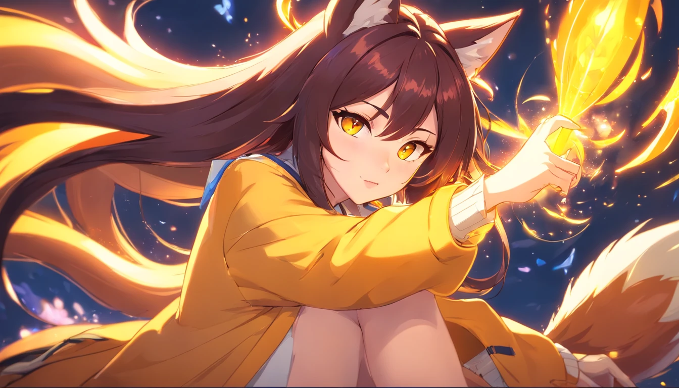 NSFW, Ahri from League of Legends, foxgirl, long dark hair, yellow eyes, fox ears, miko clothes, 9 tails, masterpiece, extremely detailed, original, high contrast, amazing, high quality, pointy detailed nails