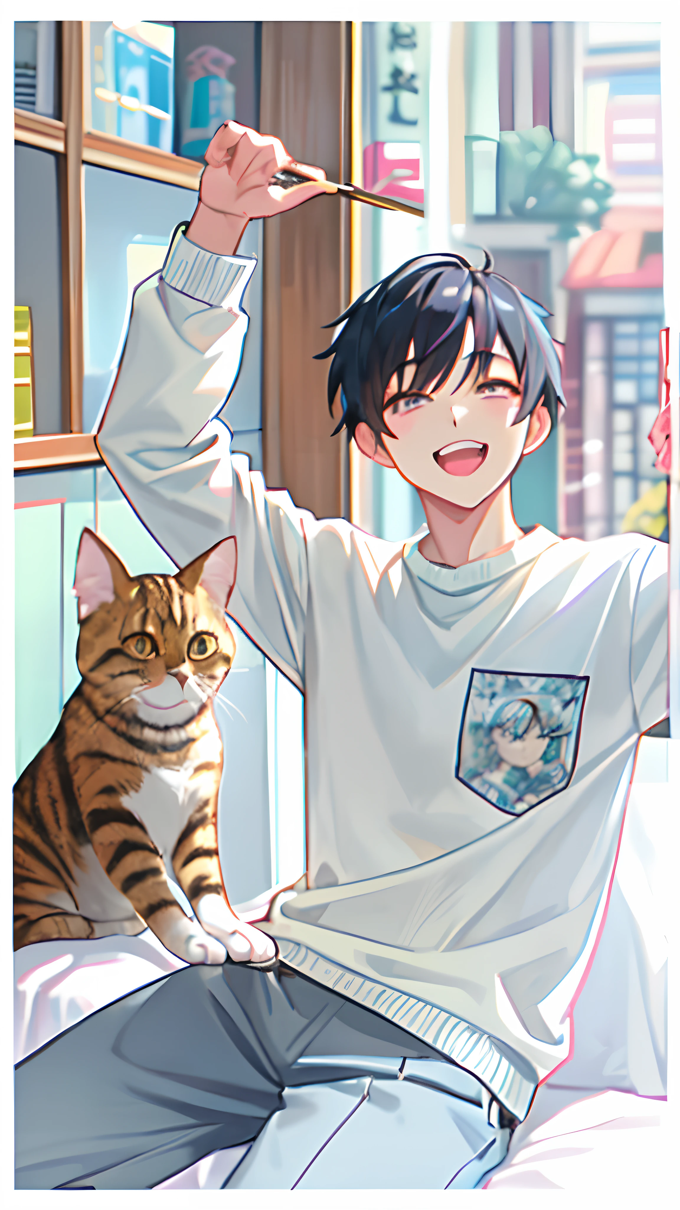 anime boy with cat sitting on bed in front of window, inspired by Kun Can, anime cat, boy with cat ears and tail, in anime style, inspired by Bian Shoumin, manhwa, in an anime style, by Yuumei, anime visual of a cute cat, neko, anime moe artstyle