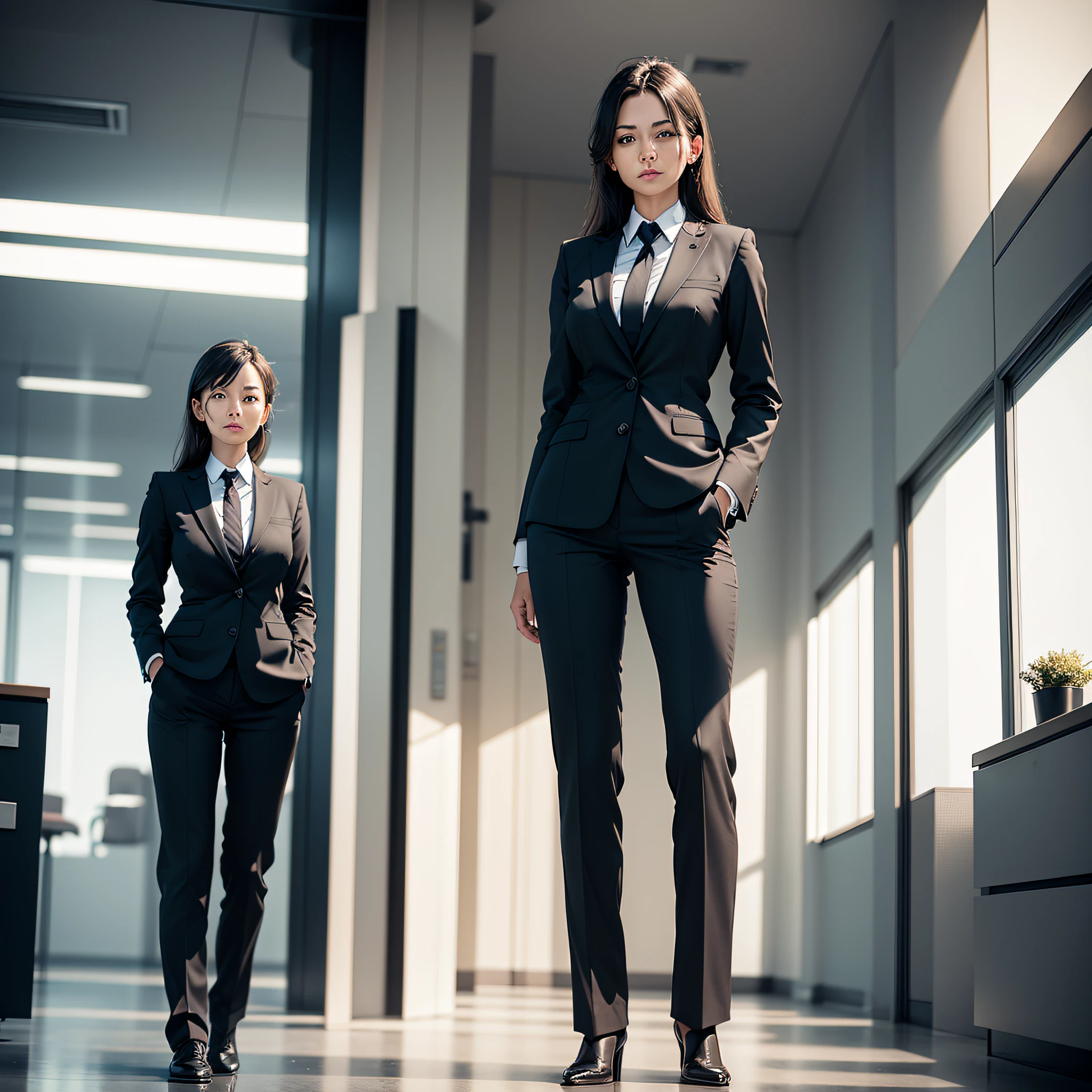 a woman stands in a business suit, in full height
