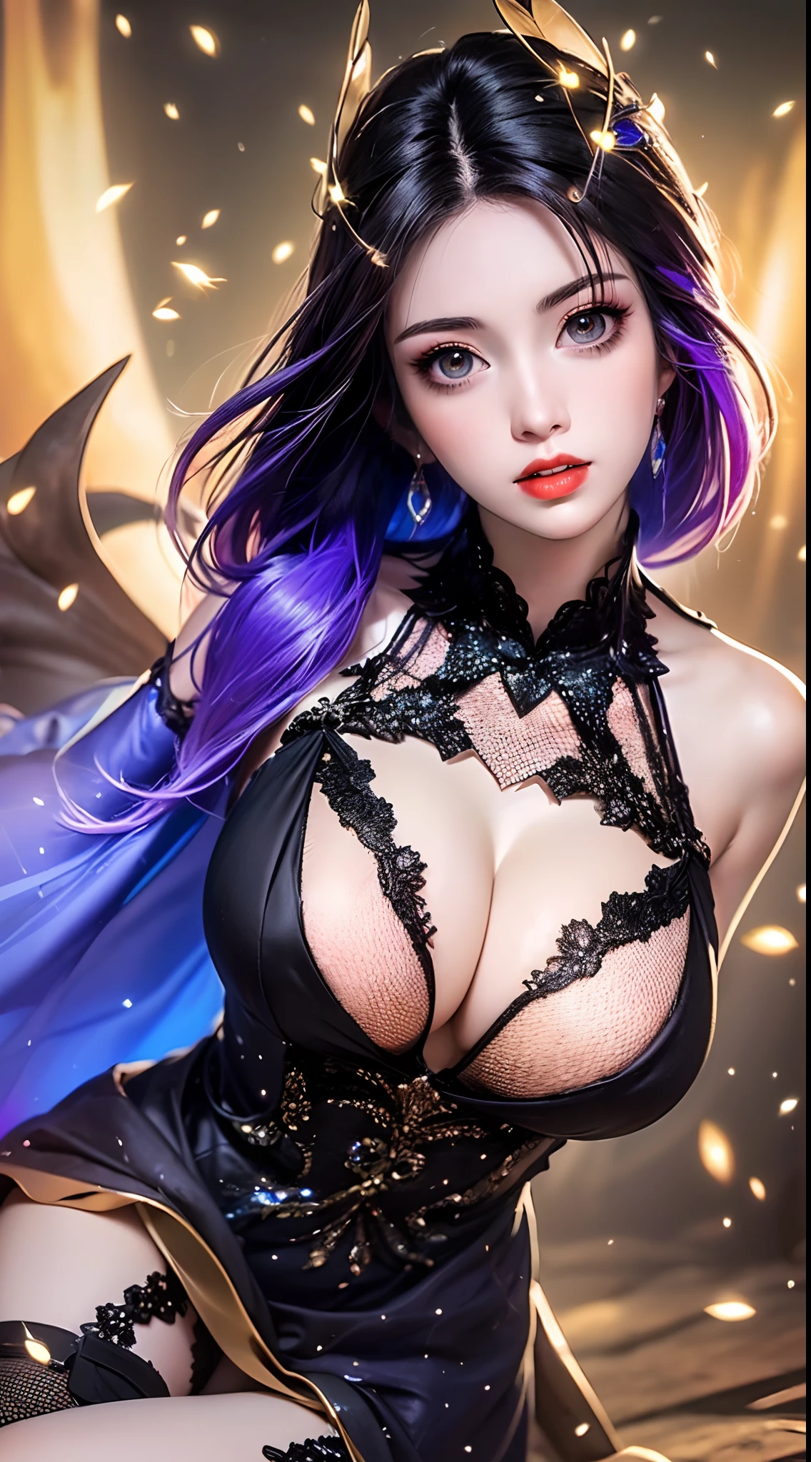 1 beautiful and sexy 20 year old girl, ((Wearing a super invisible red nightgown looks extremely sexy:2)), ((Ultra thin transparent nightgown:2)), ((long purple hair:1.6)), jewelry elaborately made from precious stones and beautiful hair, ((A thin red silk scarf covers half of the face:1.5)), (((wearing a thin light purple silk mask:1.5))), the noble, noble style of an extremely beautiful girl, her small face is super cute, her face is very pretty, thin eyebrows, flawless beautiful face, ((black eye pupils: 0.8)), very beautiful eyes, ((purple eyes: 1.6)), (((big round eyes:1.6))), nice makeup and hair detailed eyelashes, steamy eye makeup, high nose, earrings, red lips, ((closed mouth: 1.5)) beautiful lips, slim hands, most beautiful thighs, ((arms spread out to the sides: 1.5)), rosy face, flawless beautiful face, smooth white skin, (big breasts: 1.5)), ((high breasts: 1.6)), tight breasts, beautiful cleavage, (((big breasts and super round: 1.8))), ((super tight breasts: 1.7)) , beautiful breasts, perfect body, back arms, chest out, ((thin black mesh stockings with black lace trim:1.5)), ((sitting position with chest up and arms behind: 1.6)), ((open your legs:1.2)), don't be shy, 8k photo, super high quality, super realistic, super 10x pixels, optical, bright studio, bright edges, dual-tone lighting, (high-detail skin:1.2), super 8k, soft lighting, high quality, volumetric lighting, photorealistic, photorealistic high resolution, lighting, best photo, 4k, 8k quality, blur effect, smooth sharp, 10 x pixel, ((Beach at night and fireflies background:1.5)), aurora, lightning, super graphics realistic, most realistic graphics, 1 girl, alone, solo, Extremely sharp image, surreal, (((frontal portrait: 1.5)))."