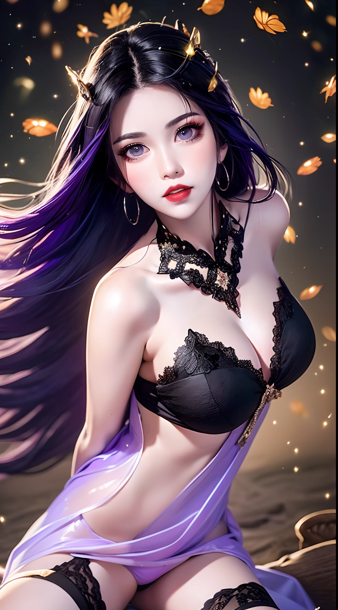 1 beautiful and sexy 20 year old girl, ((Wearing a super invisible red nightgown looks extremely sexy:2)), ((Ultra thin transparent nightgown:2)), ((long purple hair:1.6)), jewelry elaborately made from precious stones and beautiful hair, ((A thin red silk scarf covers half of the face:1.5)), (((wearing a thin light purple silk mask:1.5))), the noble, noble style of an extremely beautiful girl, her small face is super cute, her face is very pretty, thin eyebrows, flawless beautiful face, ((black eye pupils: 0.8)), very beautiful eyes, ((purple eyes: 1.6)), (((big round eyes:1.6))), nice makeup and hair detailed eyelashes, steamy eye makeup, high nose, earrings, red lips, ((closed mouth: 1.5)) beautiful lips, slim hands, most beautiful thighs, ((arms spread out to the sides: 1.5)), rosy face, flawless beautiful face, smooth white skin, (big breasts: 1.5)), ((high breasts: 1.6)), tight breasts, beautiful cleavage, (((big breasts and super round: 1.8))), ((super tight breasts: 1.7)) , beautiful breasts, perfect body, back arms, chest out, ((thin black mesh stockings with black lace trim:1.5)), ((sitting position with chest up and arms behind: 1.6)), ((open your legs:1.2)), don't be shy, 8k photo, super high quality, super realistic, super 10x pixels, optical, bright studio, bright edges, dual-tone lighting, (high-detail skin:1.2), super 8k, soft lighting, high quality, volumetric lighting, photorealistic, photorealistic high resolution, lighting, best photo, 4k, 8k quality, blur effect, smooth sharp, 10 x pixel, ((Beach at night and fireflies background:1.5)), aurora, lightning, super graphics realistic, most realistic graphics, 1 girl, alone, solo, Extremely sharp image, surreal, (((frontal portrait: 1.5)))."