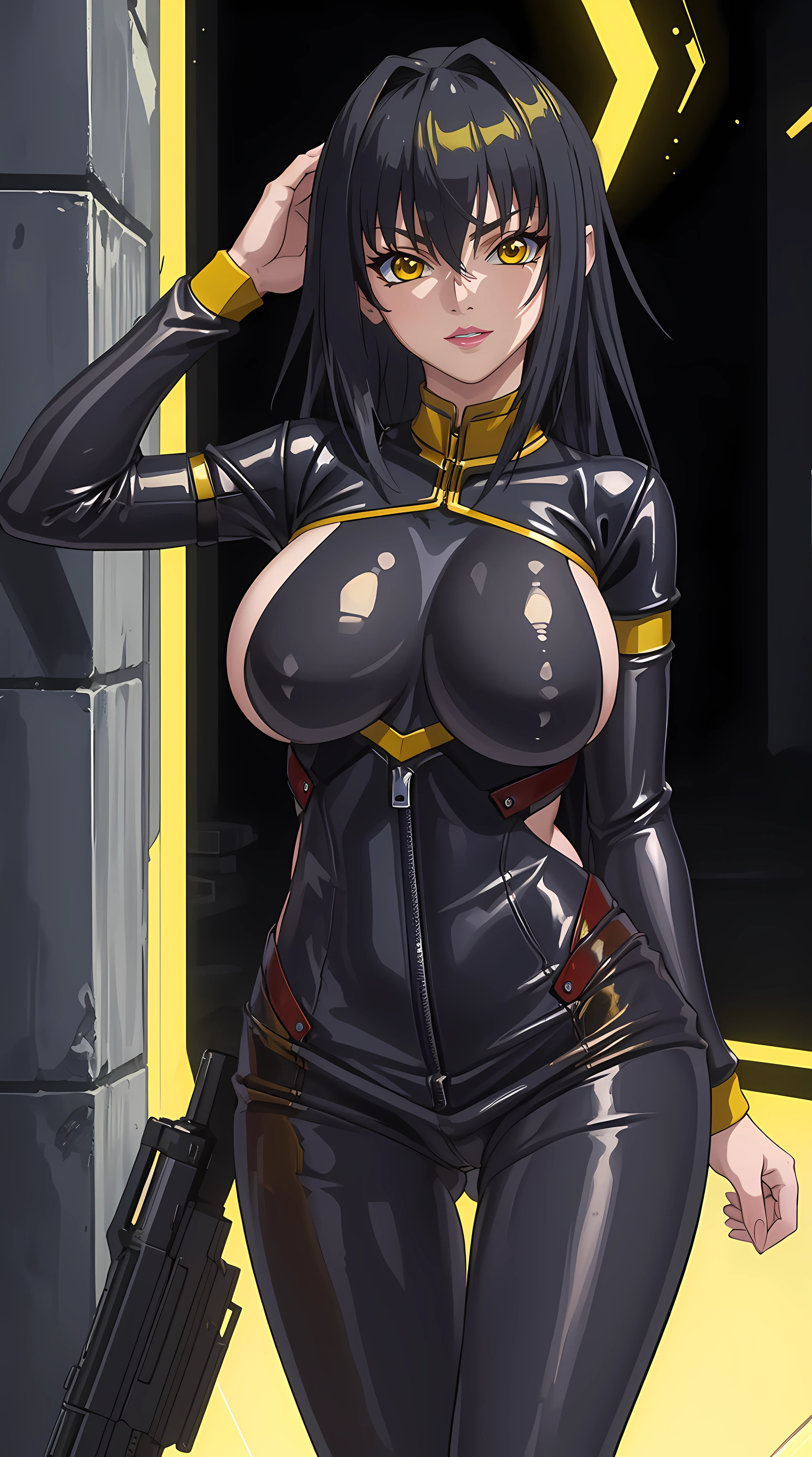 (masterpiece:1.4),(best quality:1.4, highres), beautiful face, beautiful eyes, 1girl, solo, female mature, black hair, long hair, (yellow eyes:1.4), large breasts, black latex suit, ((night vibe background)), hair intakes, exquisite eyes detail, exquisite face details, exquisite character design details 8k HDR, professional art, landscape, (solo:1.5, 1girl:1.4, cowboy shot:1.5), milf, 35 years old girl, (looking at viewer, smug, Lying against the wall, hand on head), Annerose