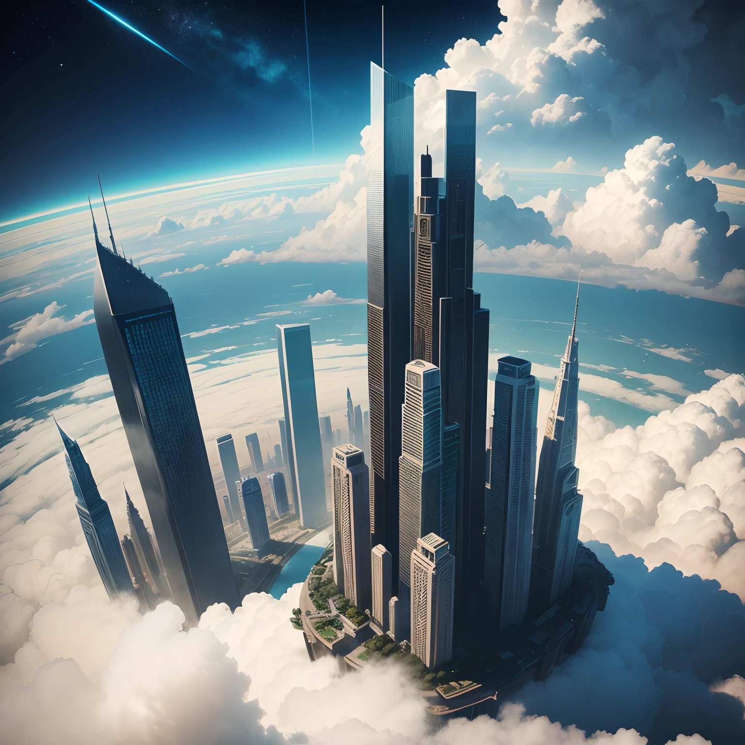 Skyscrapers up to a height that pierces the clouds are lined up,cyberpunked,SFart by,kosmos,Epcot,Glass skyscraper,StarWars,Futuristic cities,planet earth,Megacities,A future world far beyond the creation of mankind,masterpiece,World of Dreams,𝓡𝓸𝓶𝓪𝓷𝓽𝓲𝓬,Beautiful world,Far above the clouds,