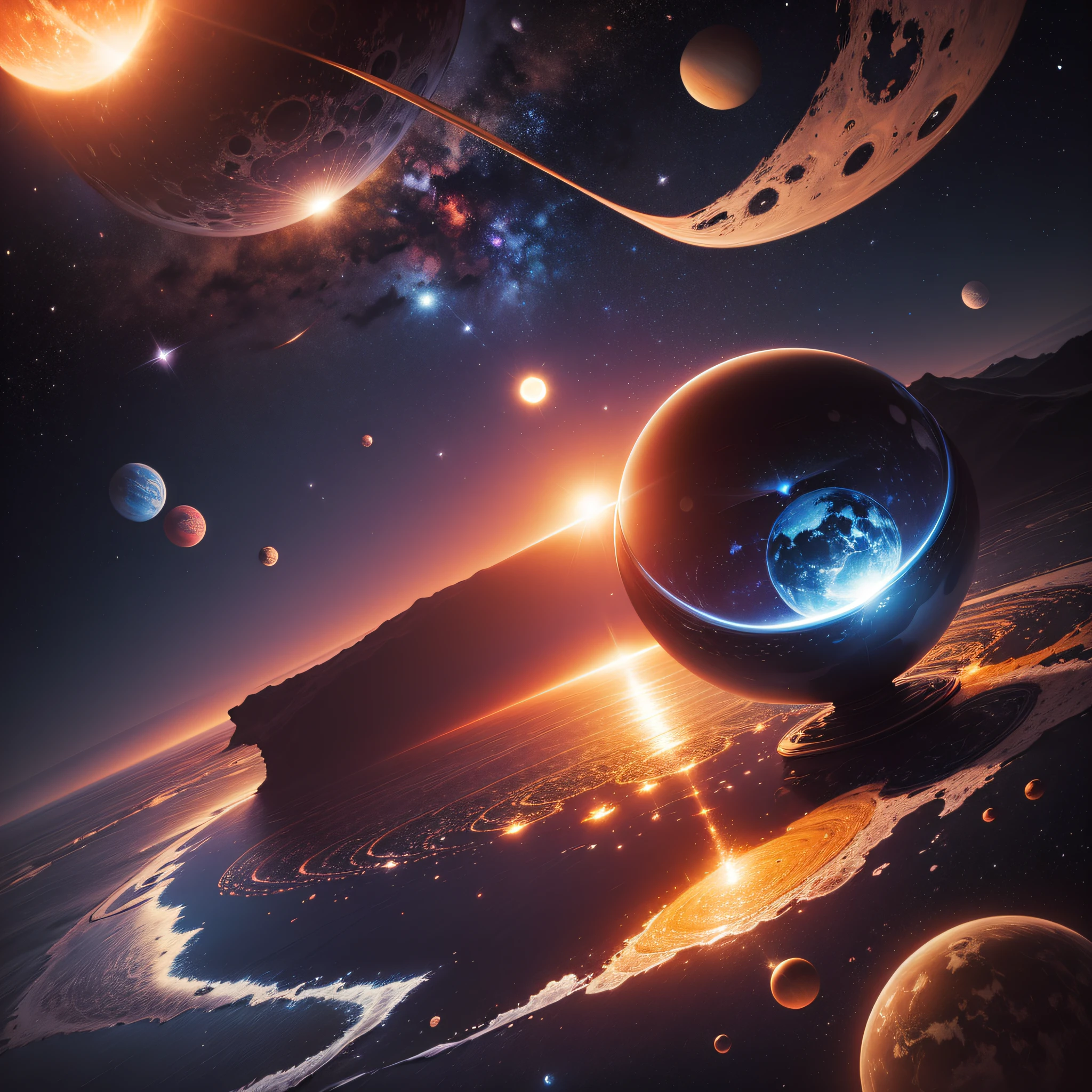 planet and sun space, planet, astronomy, sun, galaxy, star, universe, earth, solar, moon, stars, sky, science, system, night, light, cosmos, planets, abstract, blue, solar system, mars, nebula, illustration, black