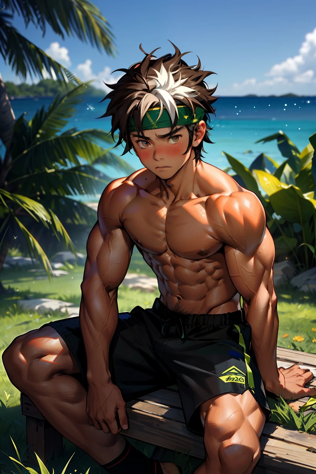 (Masterpiece, Best quality boy,Shota), 1boys, Young,Muscular, Short hair, with brown eye, Intricate, Grass, full bodyesbian, Shirtless, Muscles sparkle in the sun,Black shorts, green headband, Vivid colors,(Depth of field:1.2),(Abs),Blush, view the viewer, Sit on grass,