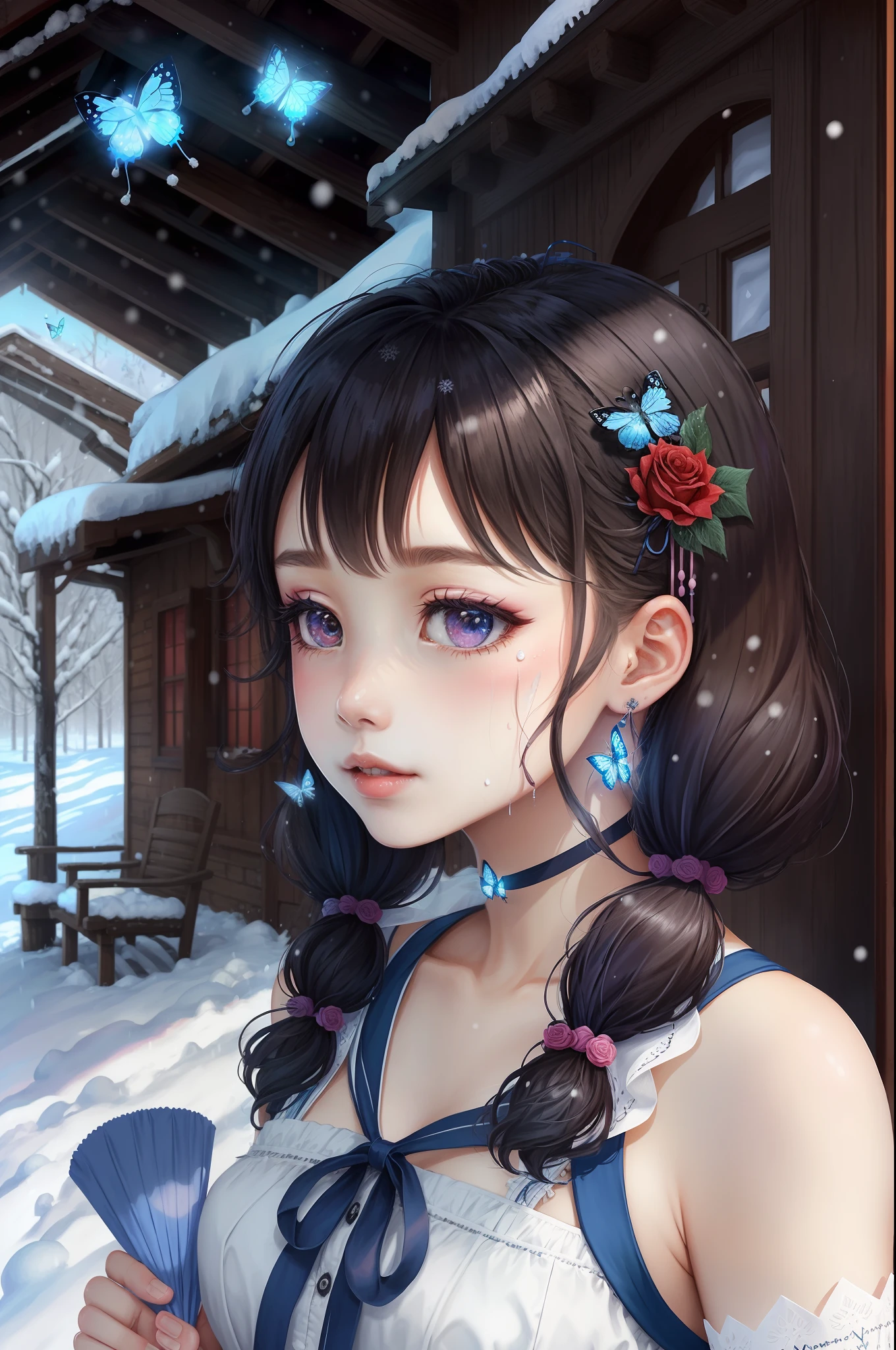 A delicate and beautiful royal sister,long whitr hair,curlies,pigtails,Pick dyeing,defiance,middlebreast,Turn Back,cropped shoulders,lacing,leaking waist,The halo,Hairpins,hair bunch,butterfly hair ornaments,耳Nipple Ring,Neck strap,nipple tassels,obi strip,rosette,oil-paper umbrella,snowy day,Winters,Excellent details,Original Drawing,bust