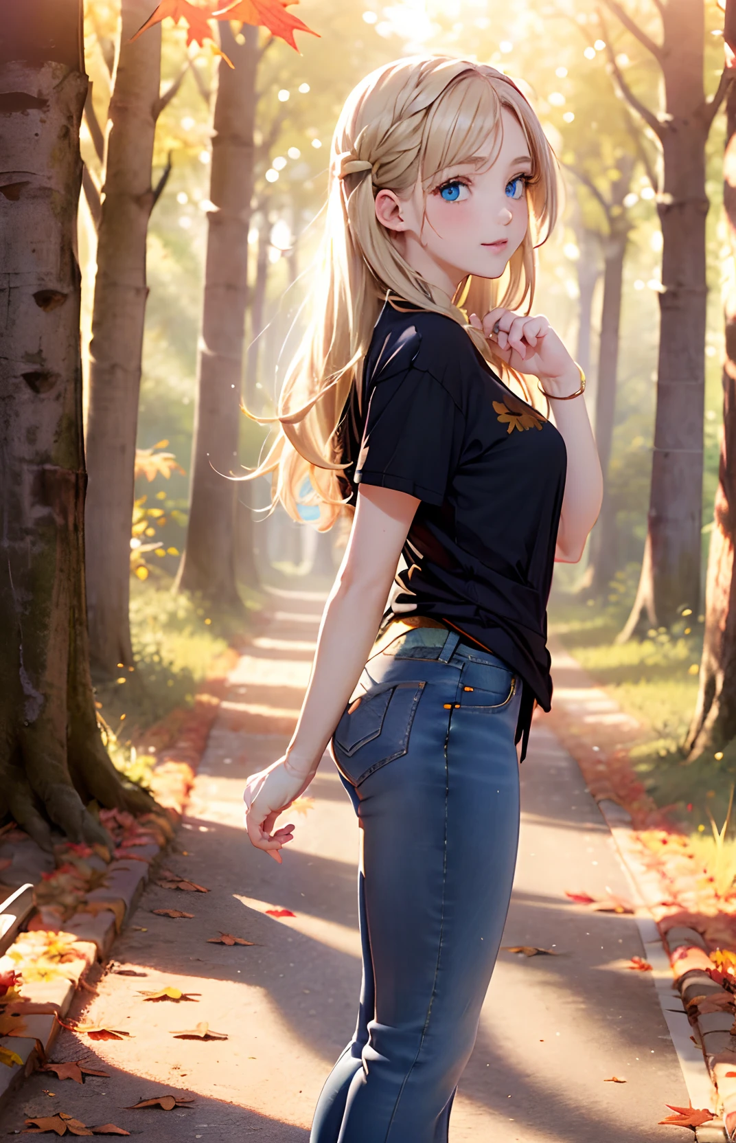 absurderes, ultra-detailliert,bright colour, 8K,masuter piece,(1girl in:1.4),(A very beautiful forest of autumn leaves:1.5),extremely beautiful detailed anime face and eyes,(happy smail:1.4), (Smooth straight blonde hair:1.3), (Shiny hair:1.3),(From Side:1.5), cliff, clouds, the woods,Grassy,lake,lensflare,Tree Road, landscapes, Skysky, suns, Sun'rays, sunlights,The tree, Eau,(Tight jeans:1.3), (Black shirt:1.4),(Deep Blue Eyes:1.3),depth of fields,red blush,hair clips,(Dr.Martens:1.3),(Full body:1.2)