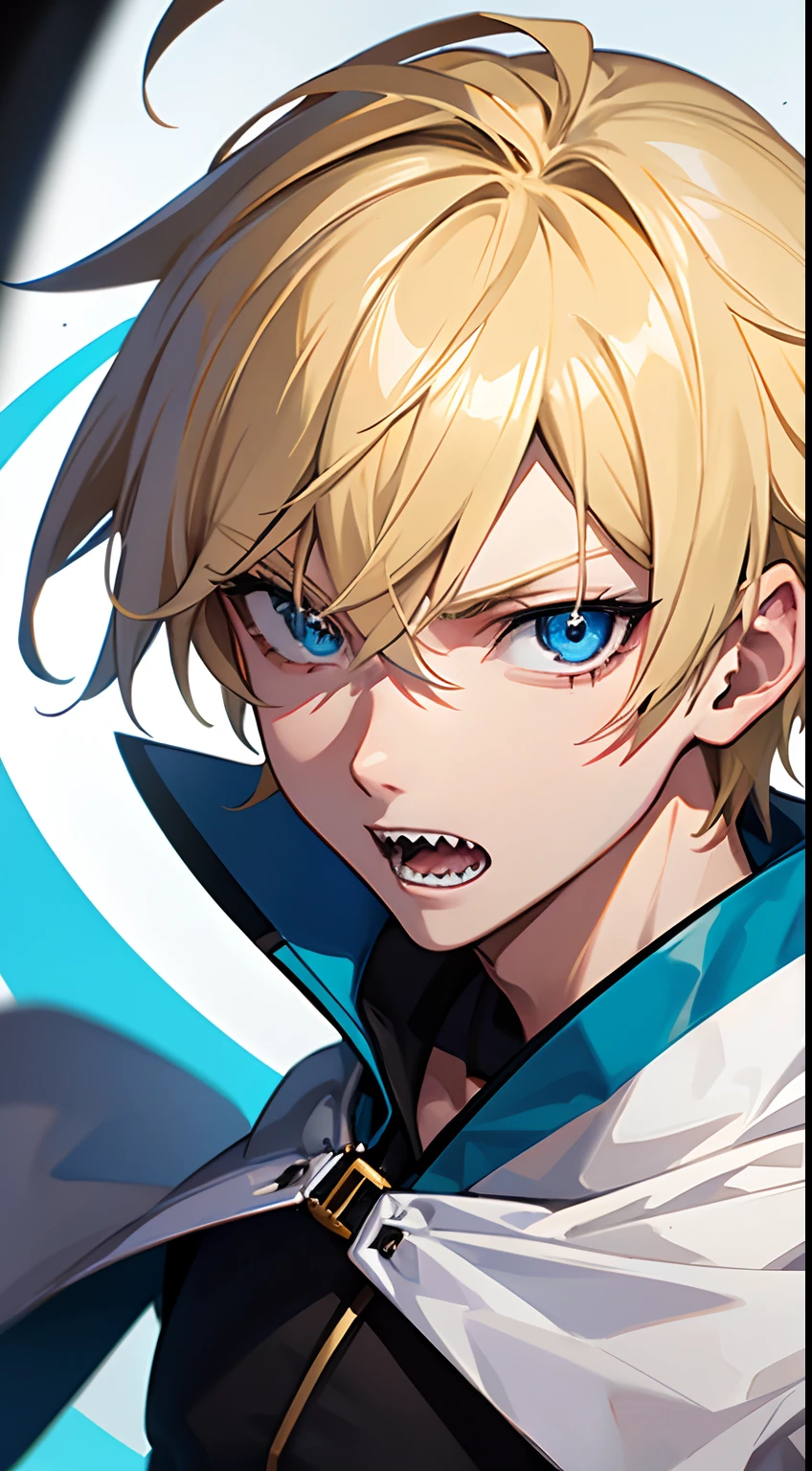 anime teen guy,wearing white bandit clothes, blond hair, blue eyes, close up, sharp teeth